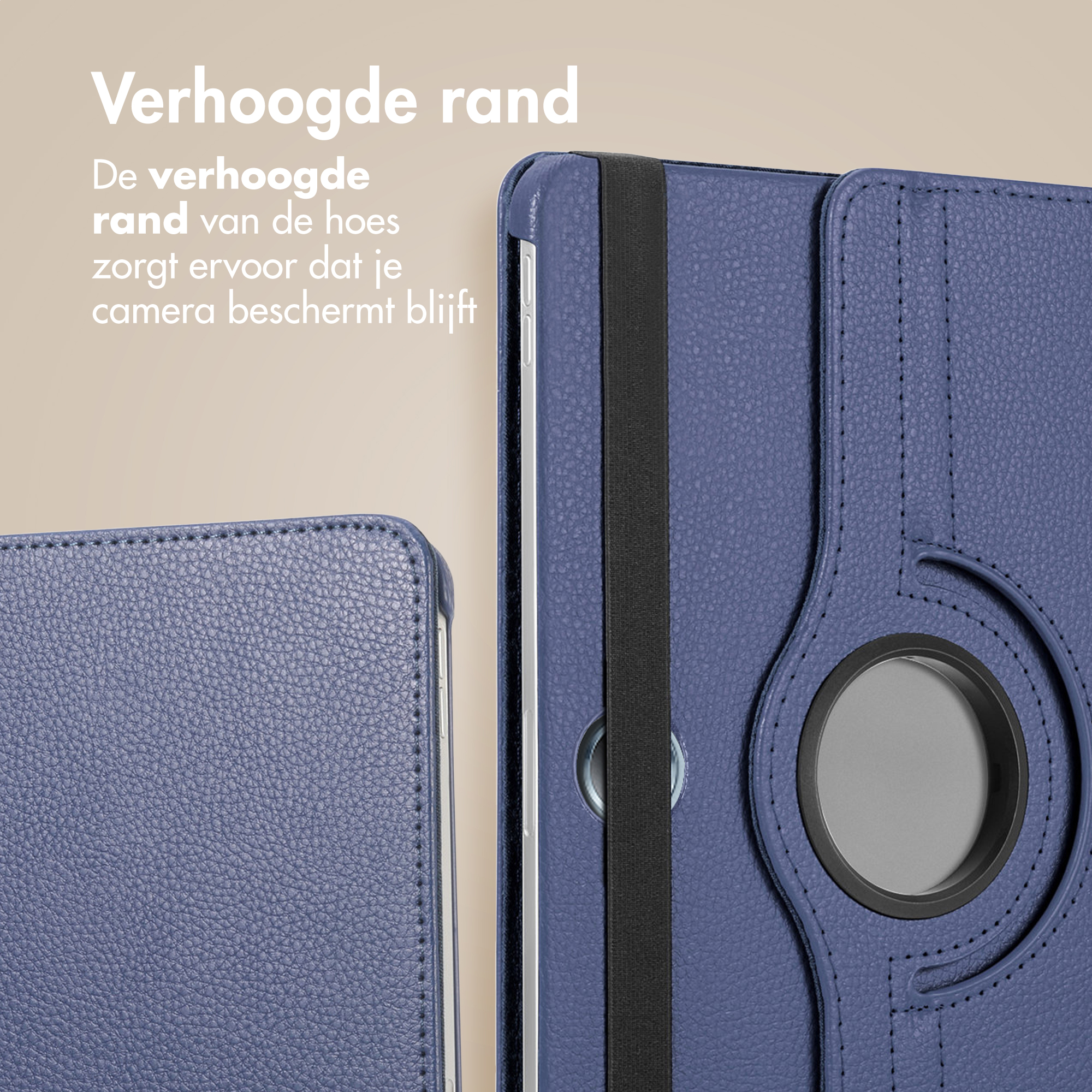 Blue tablet case with raised edge and elastic band.