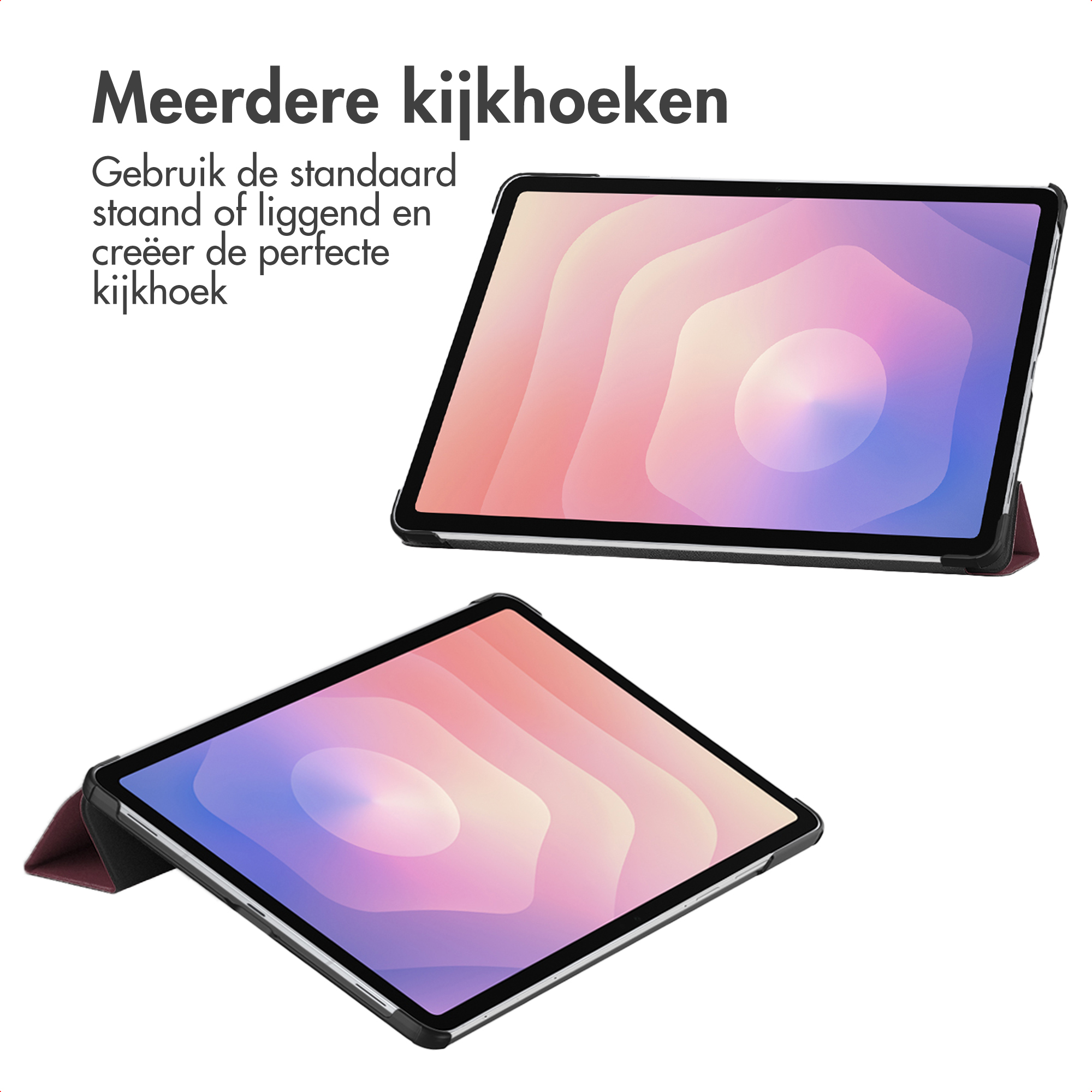 Twee tablets in een hoes, met verschillende kijkhoeken.