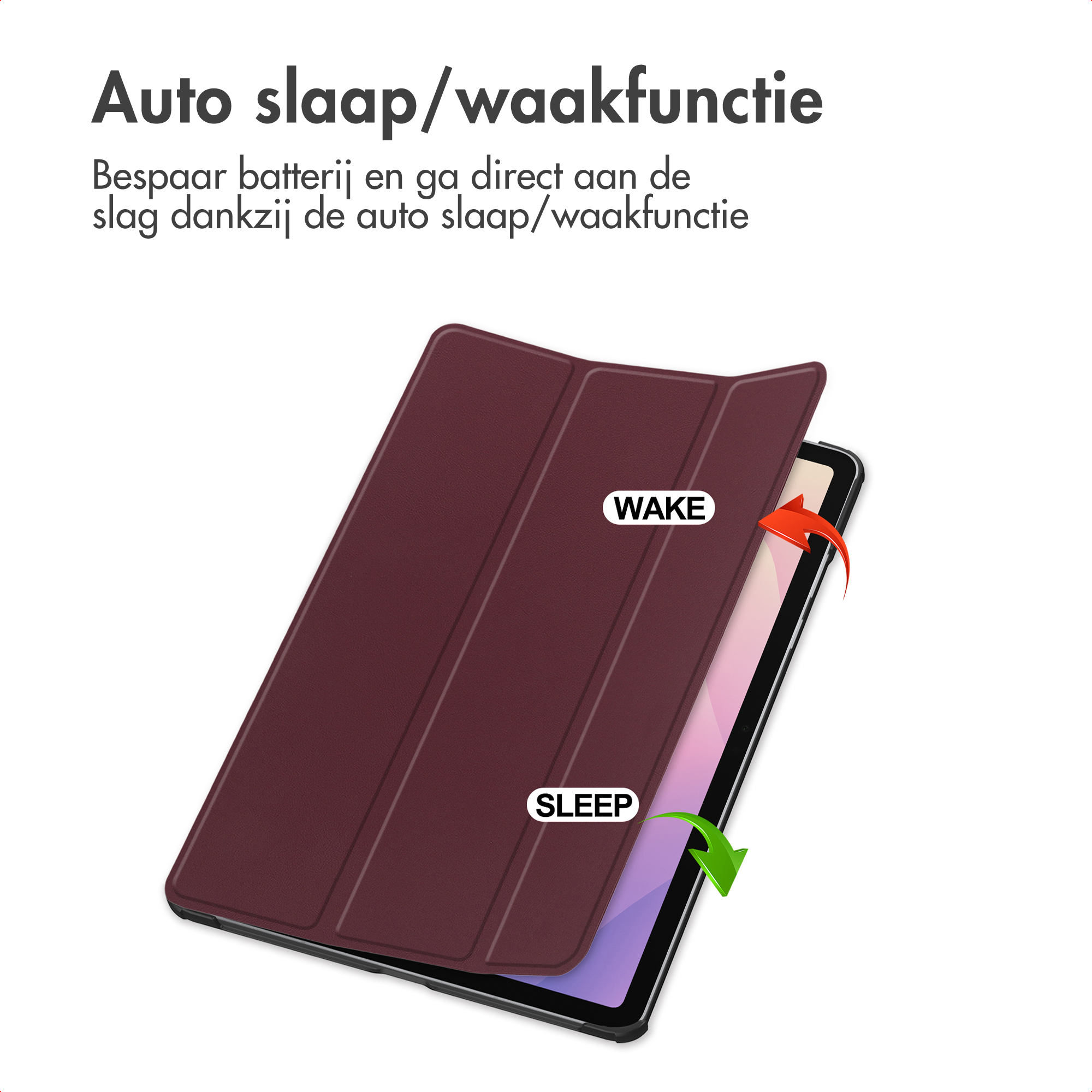 Een donkerrode tablet met open klep, die slaap-/waakmodus aangeeft.