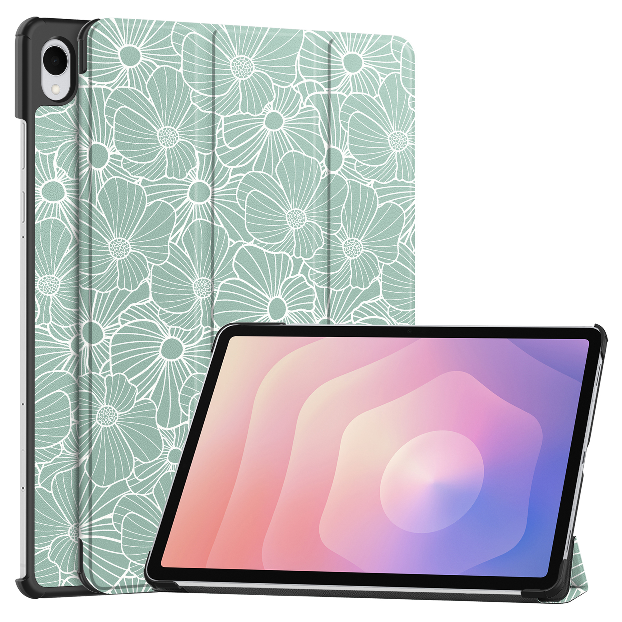 Een tablet met een mintgroene bloemenhoes.