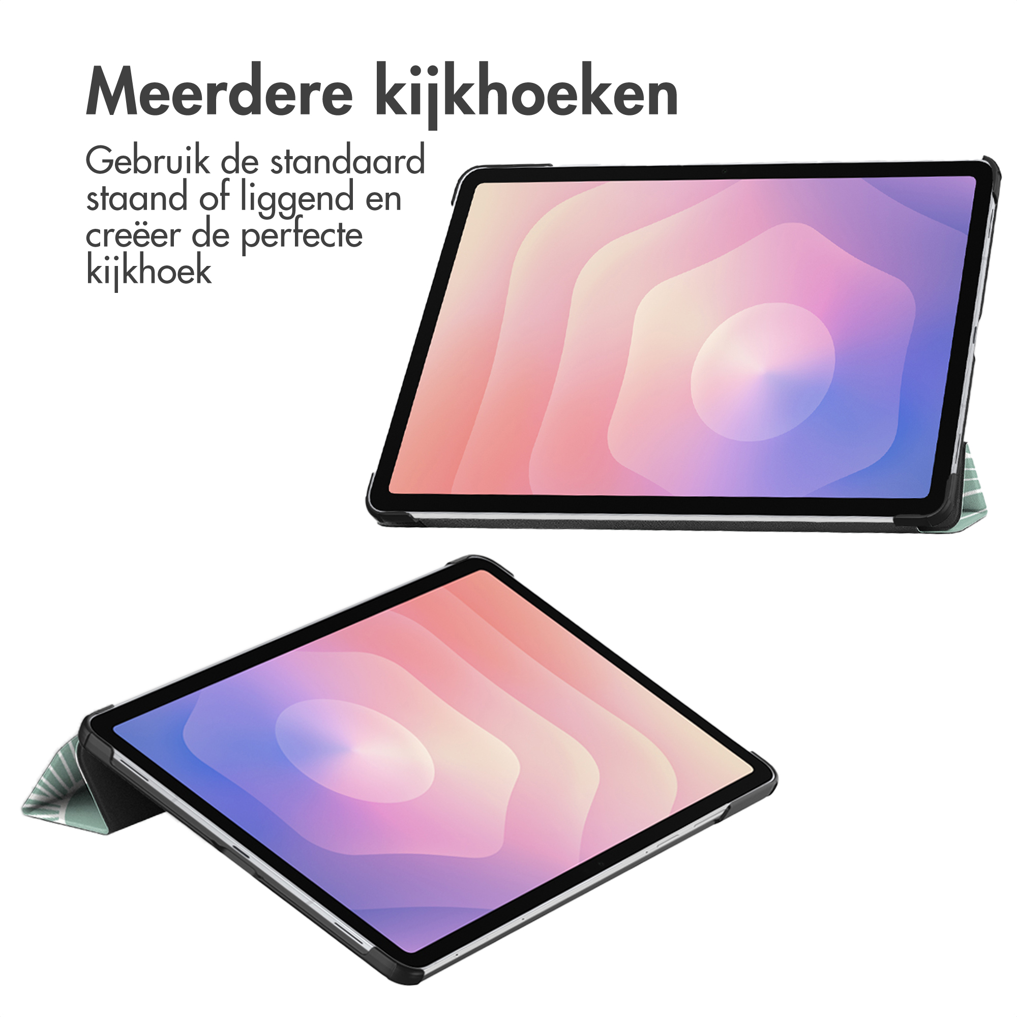 Een tablet met een kleurrijke achtergrond in een beschermhoes.