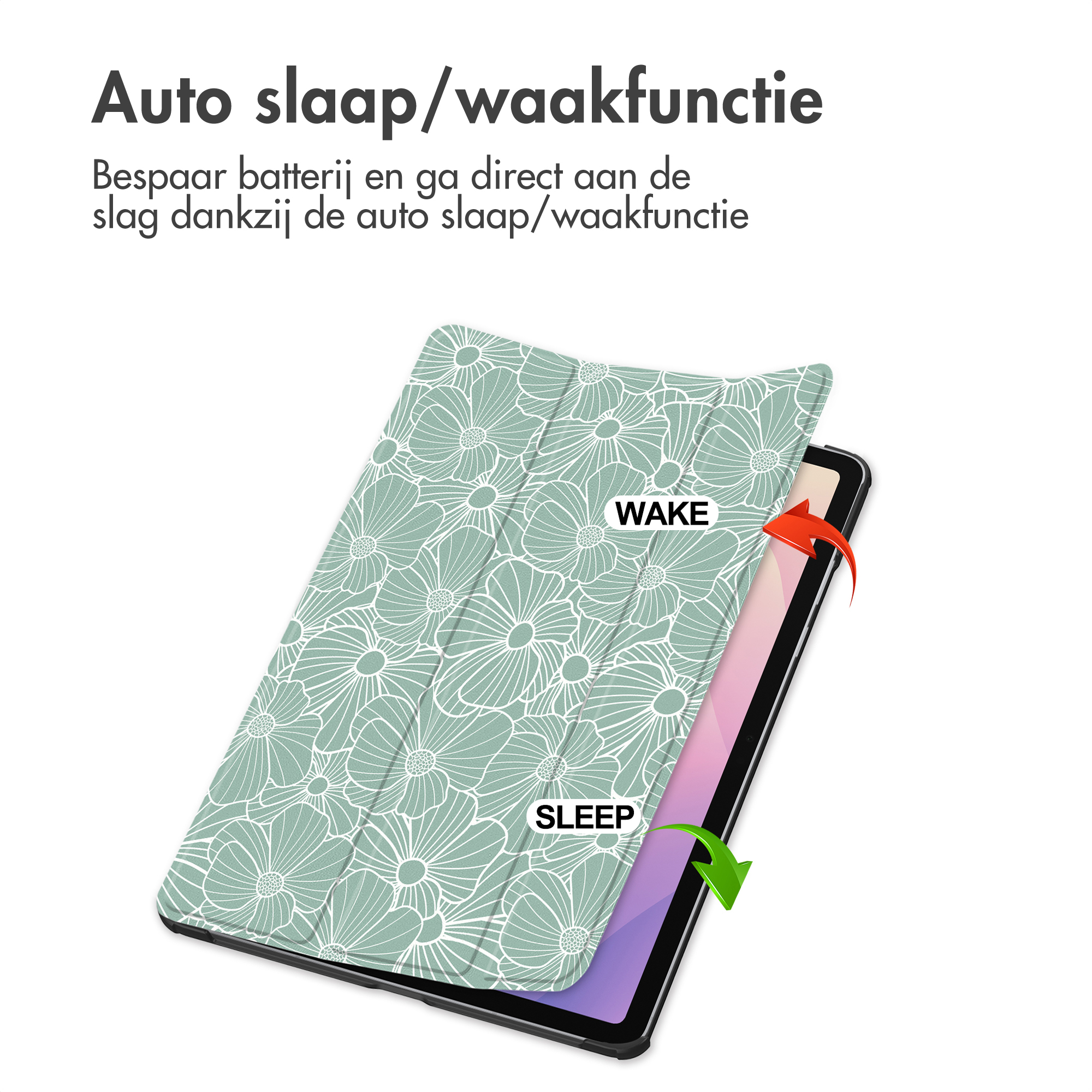 Een tablet met bloemenpatroon hoes, die auto slaap/waakfunctie toont.