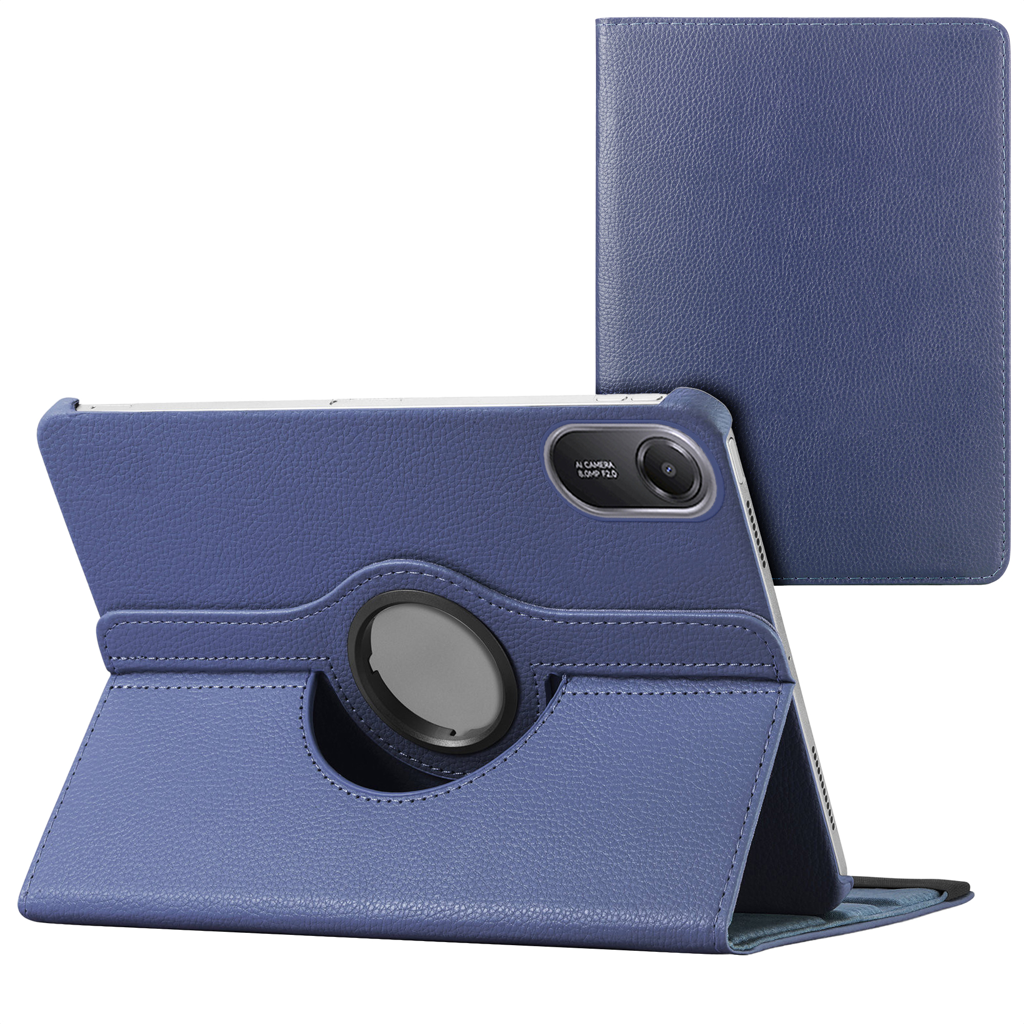 Blauw tablethoes met standaard en draaibare handgreep, met camera-uitsparing.