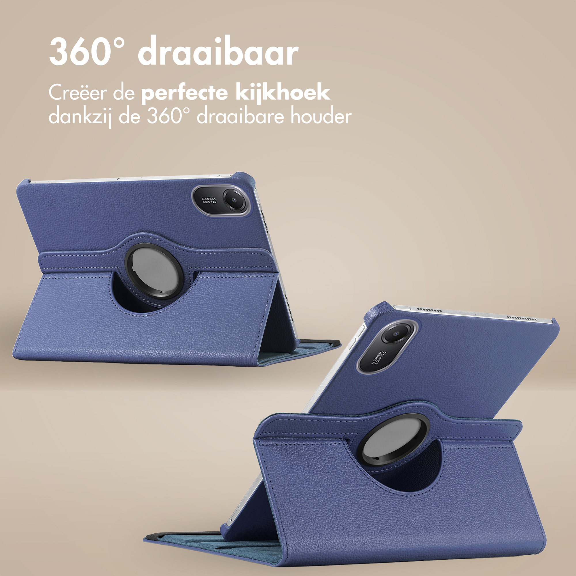 Een blauwe tablethouder met draaifunctie, in twee weergaven.