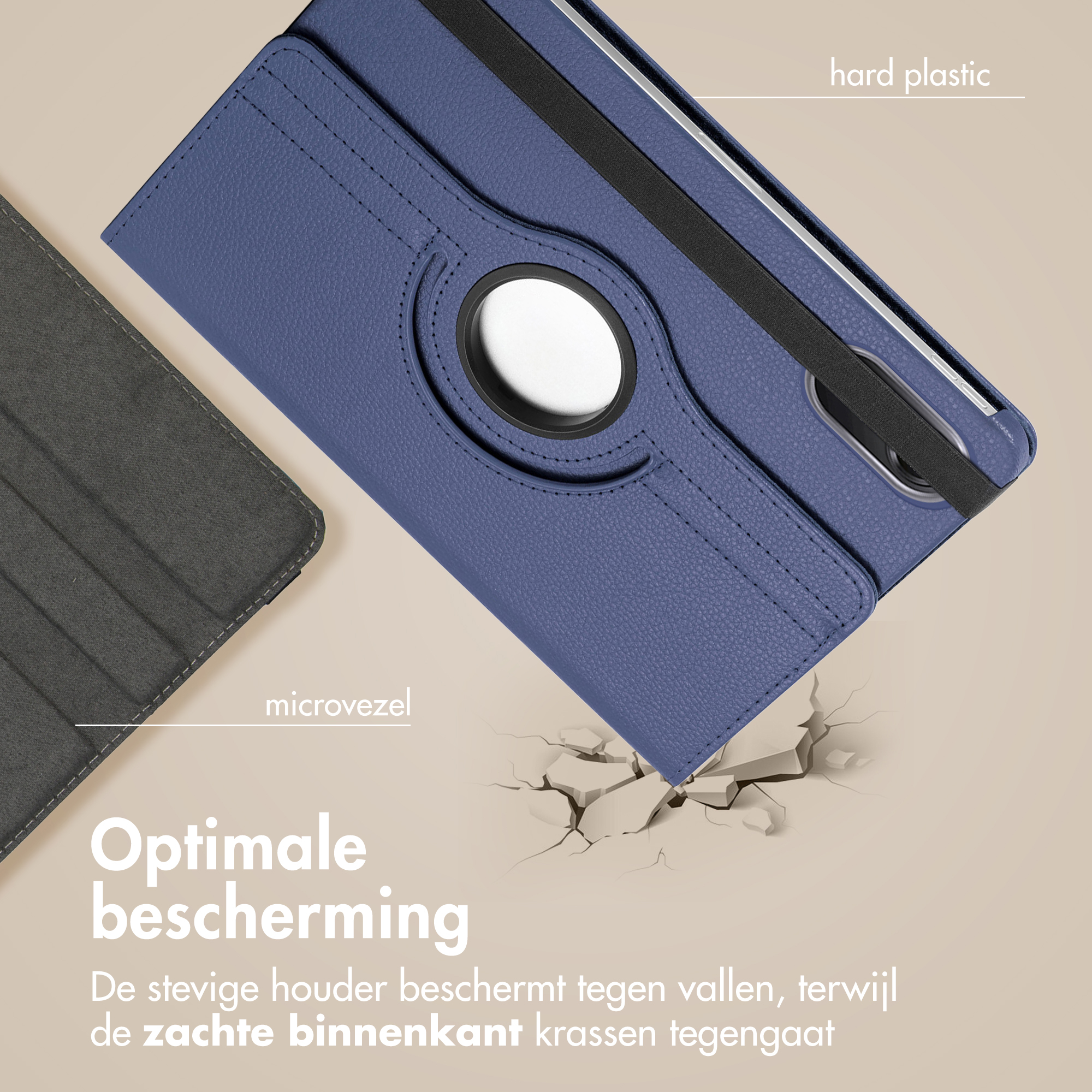 Blauw tablethoes met hard plastic en microvezel elementen.