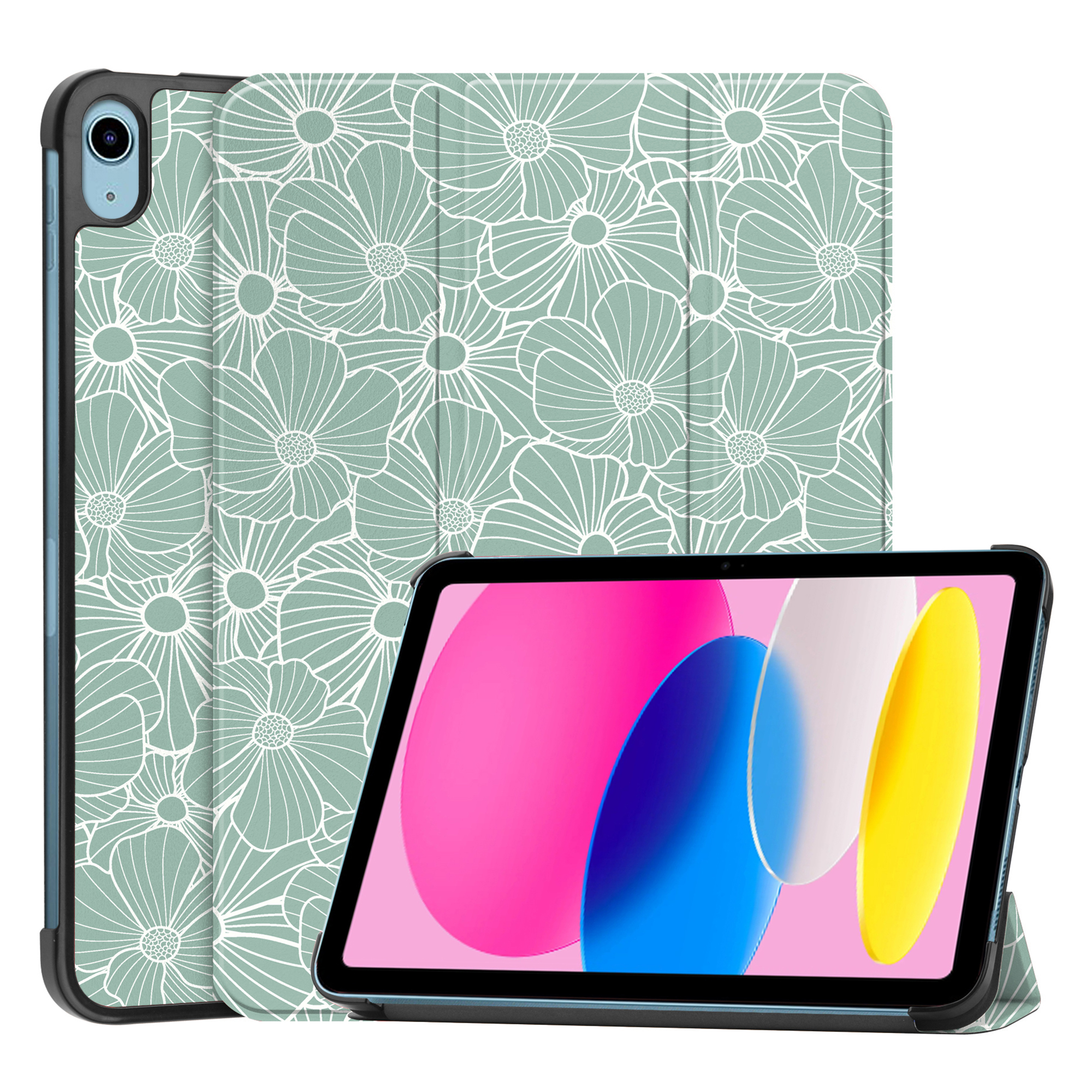 Étui de tablette vert à motif floral, posé avec une tablette.