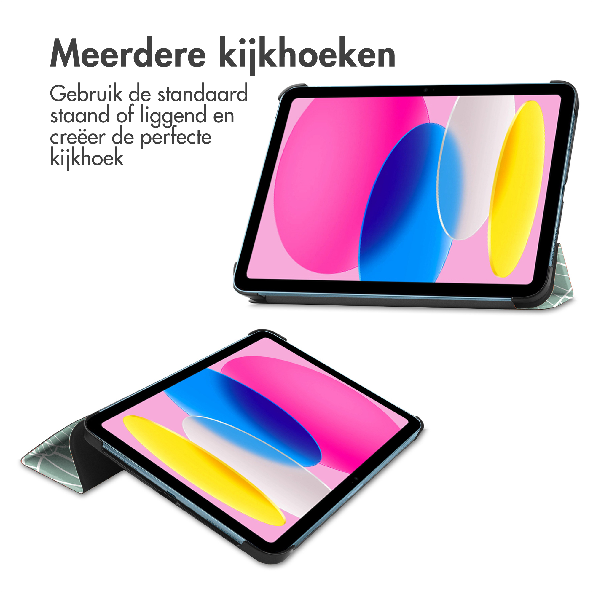 Une tablette avec un bord bleu et un fond d'écran coloré. Montre plusieurs angles de vue.