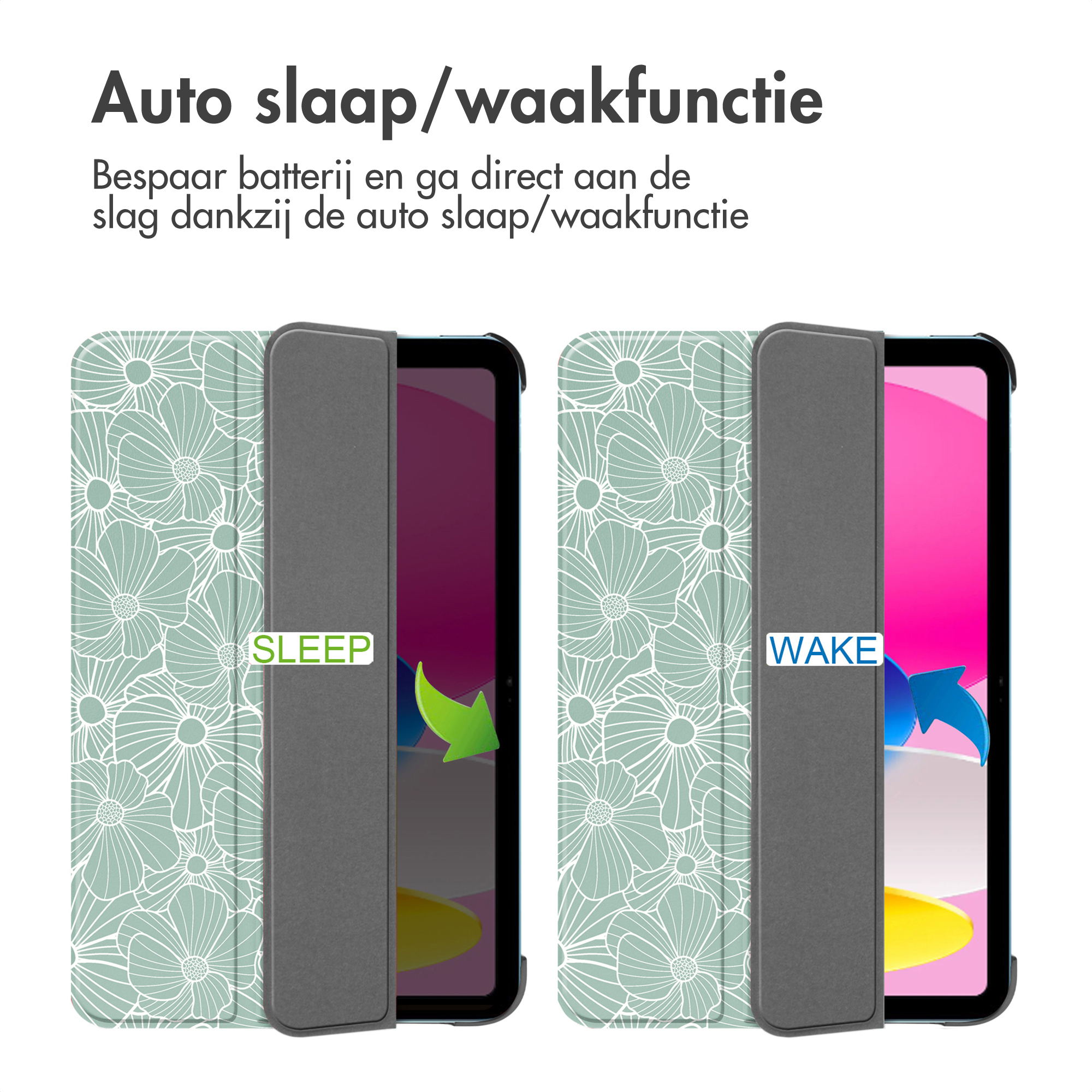 Étui de tablette en mode veille et réveil. Gauche "SLEEP", droite "WAKE".