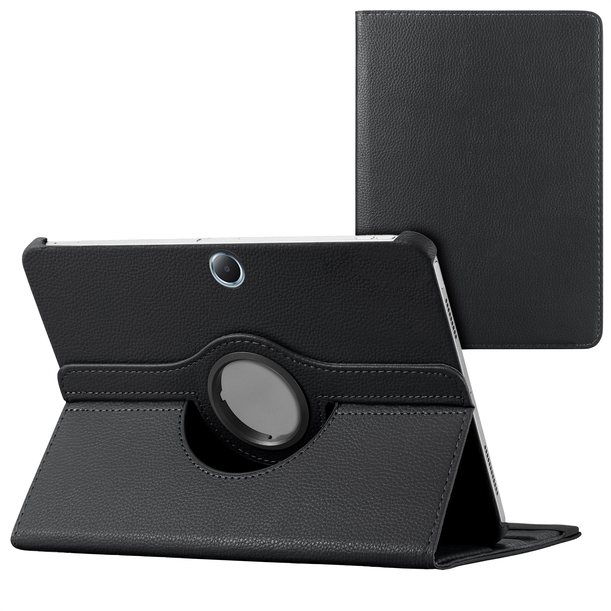 Black tablet case with a rotating stand and camera cutout.