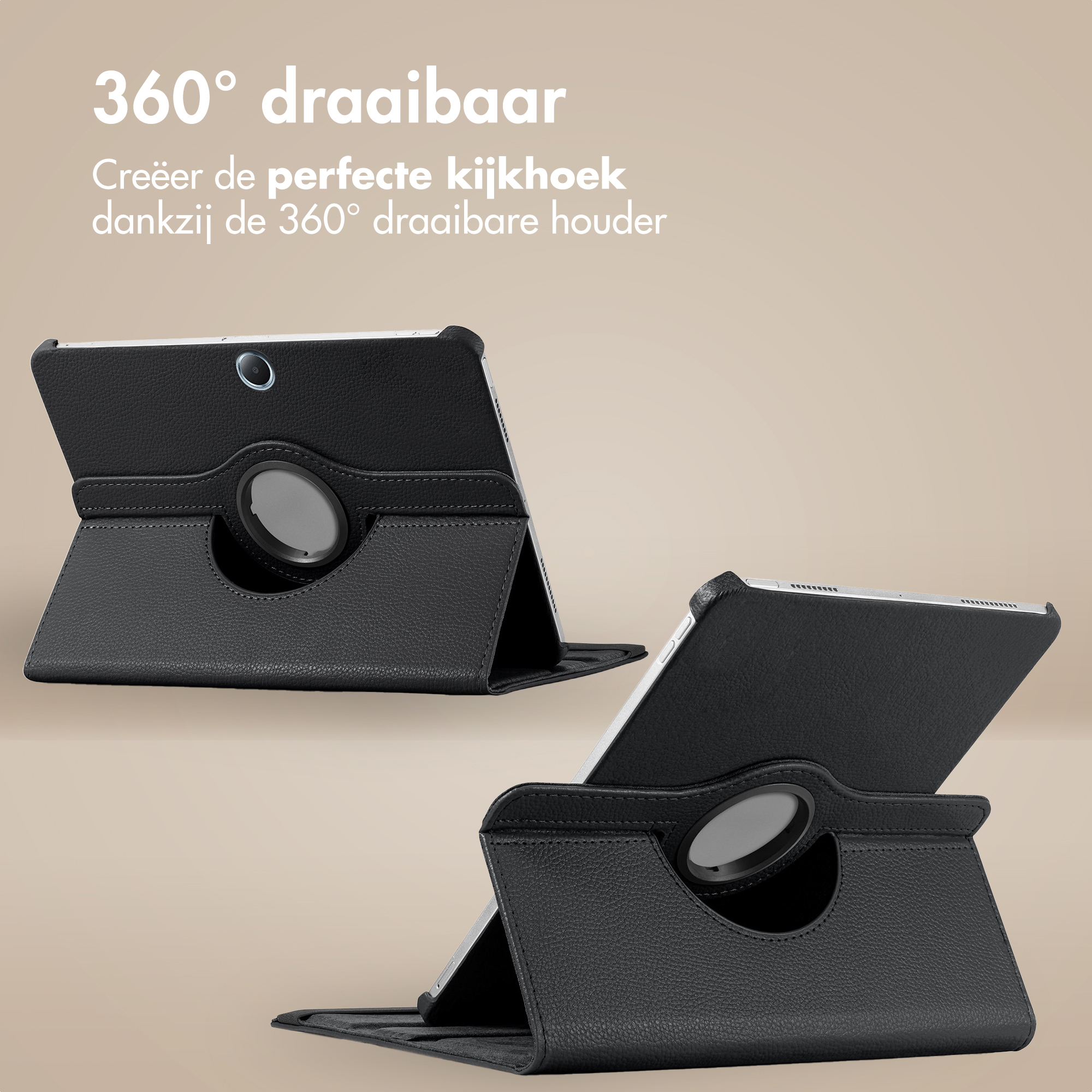 A black leather tablet case with a 360-degree rotating holder.