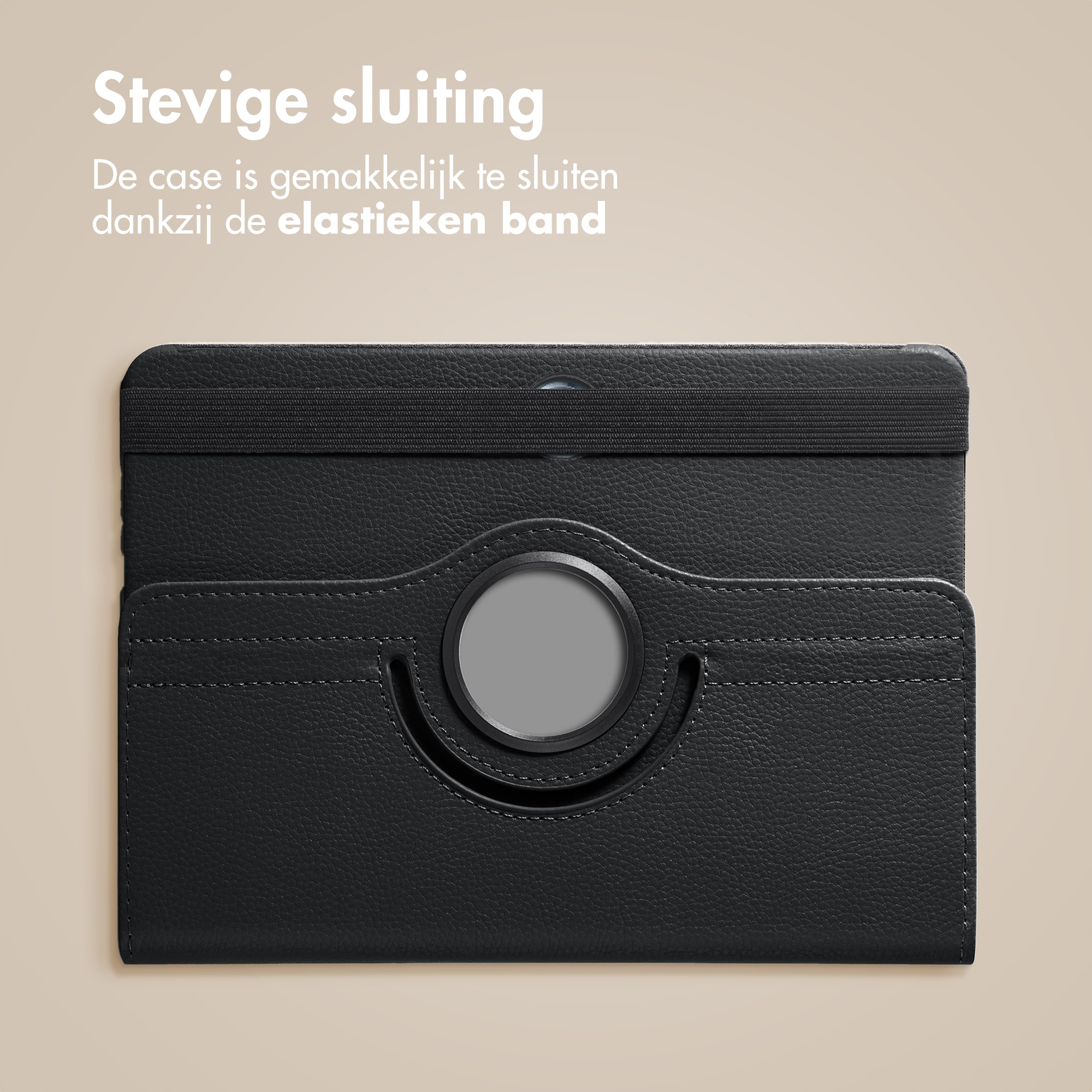 Black tablet case with elastic band closure and rotating holder.
