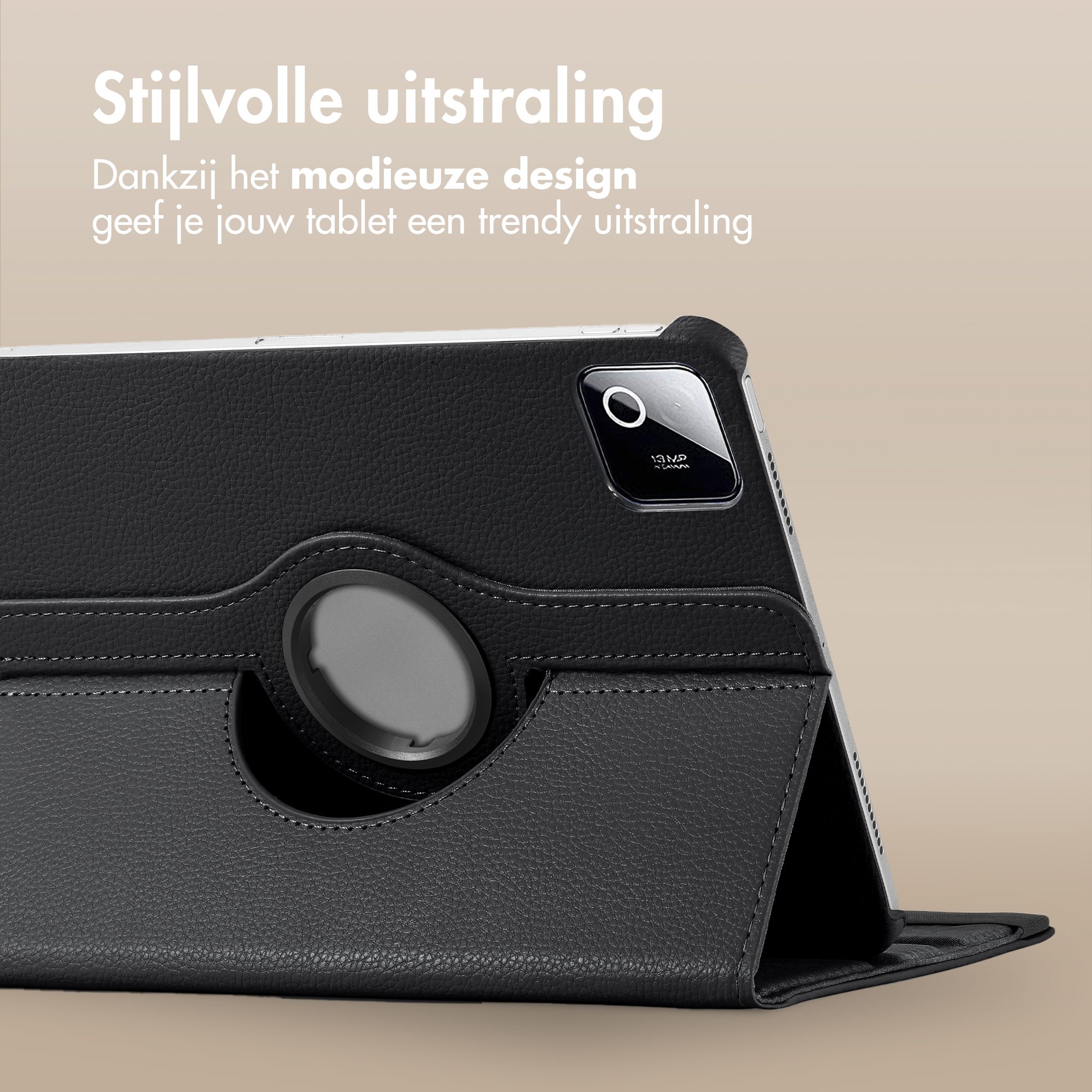 Black leather tablet case with camera protection and ring holder.