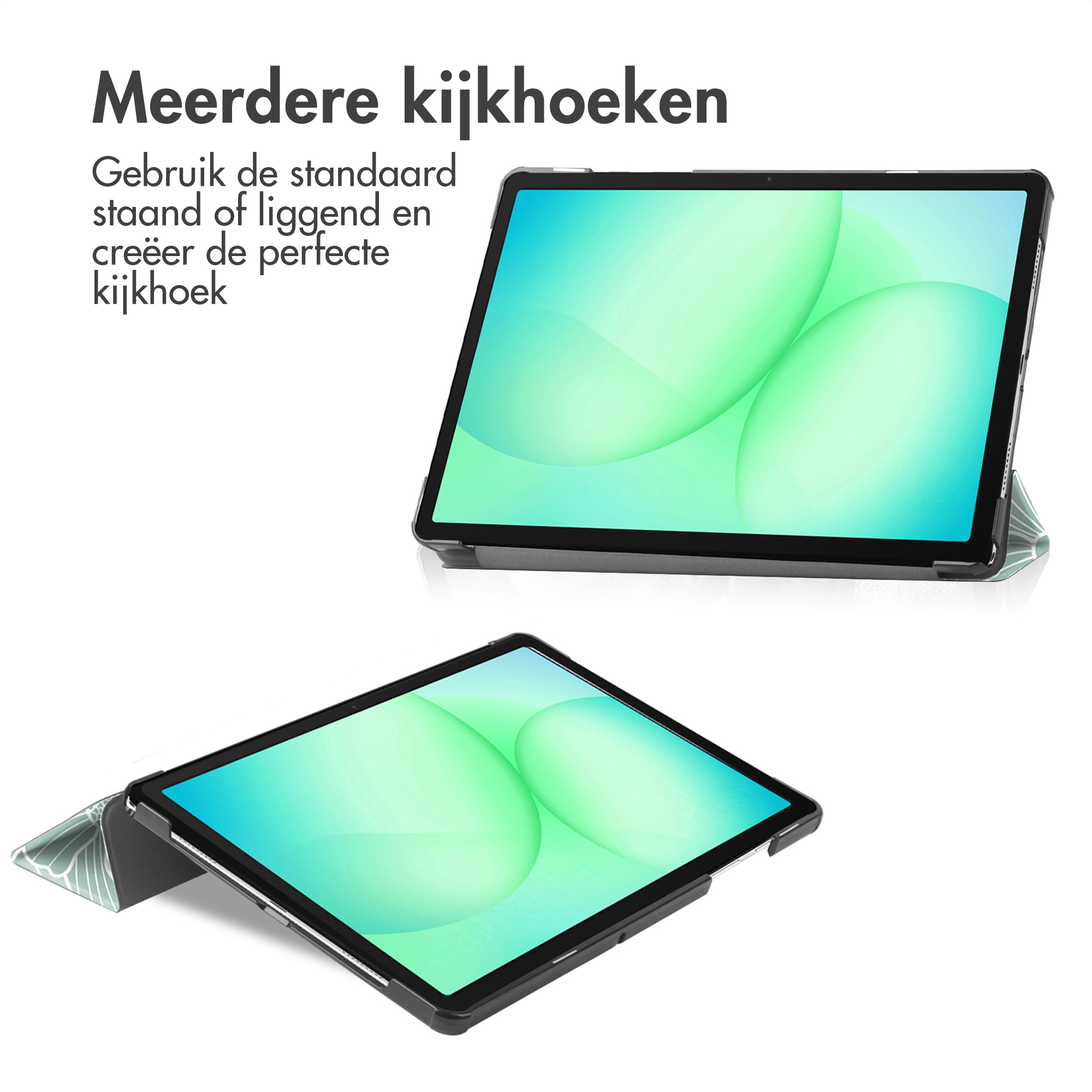 A tablet in a stand, with a pattern of light green circles on the screen.