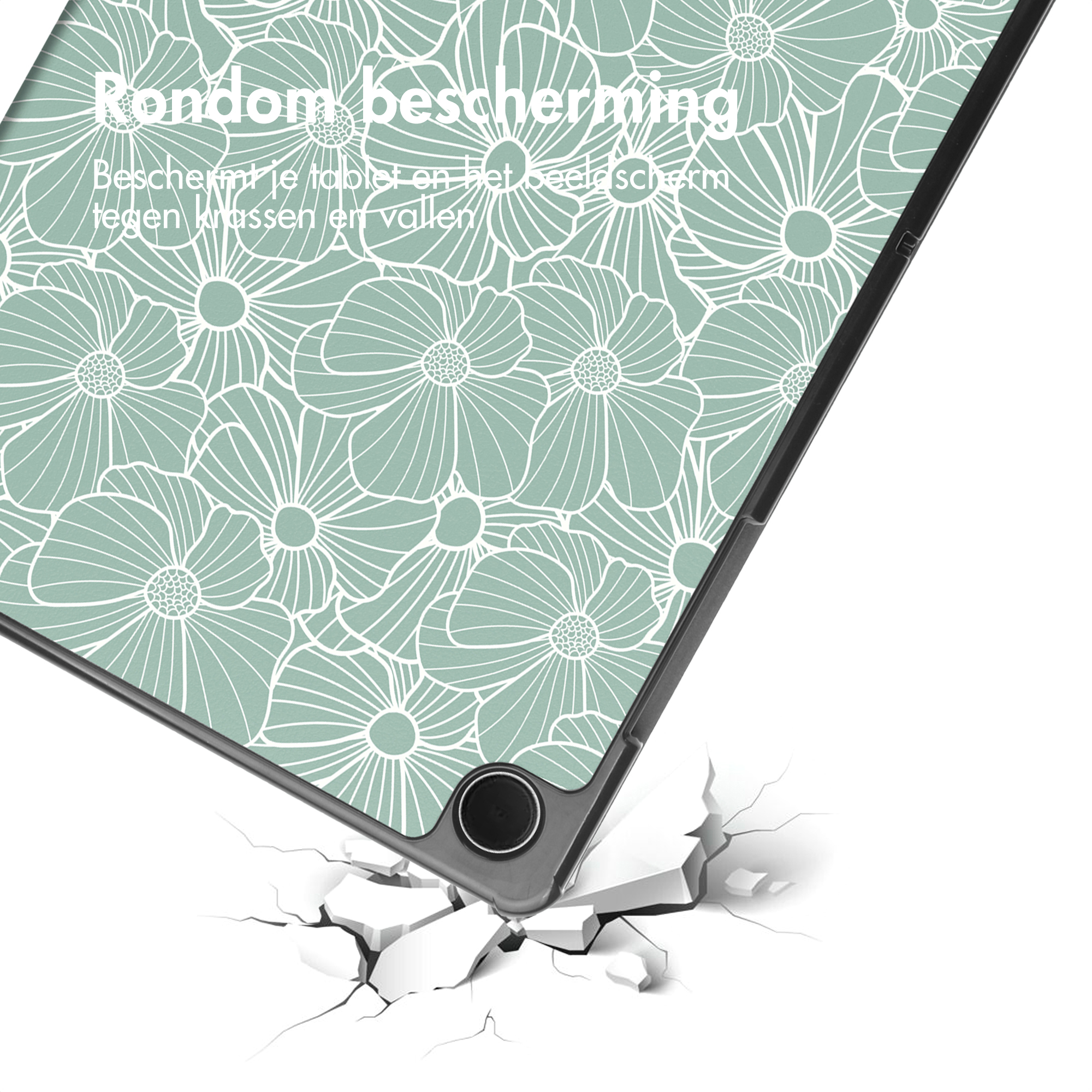 Tablet case with floral pattern falling onto cracked surface.