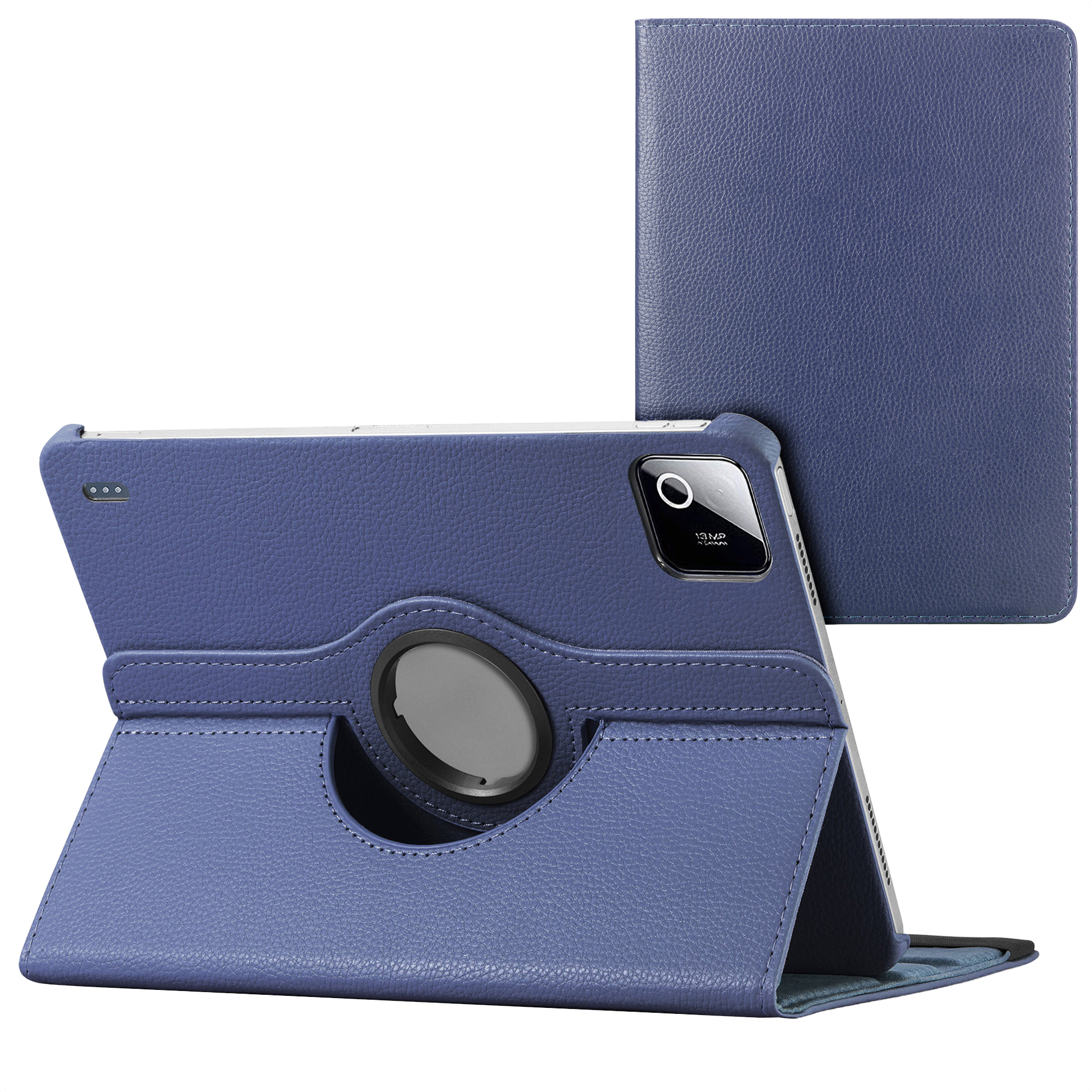 Blue tablet case with camera module and rotating ring, on a white background.