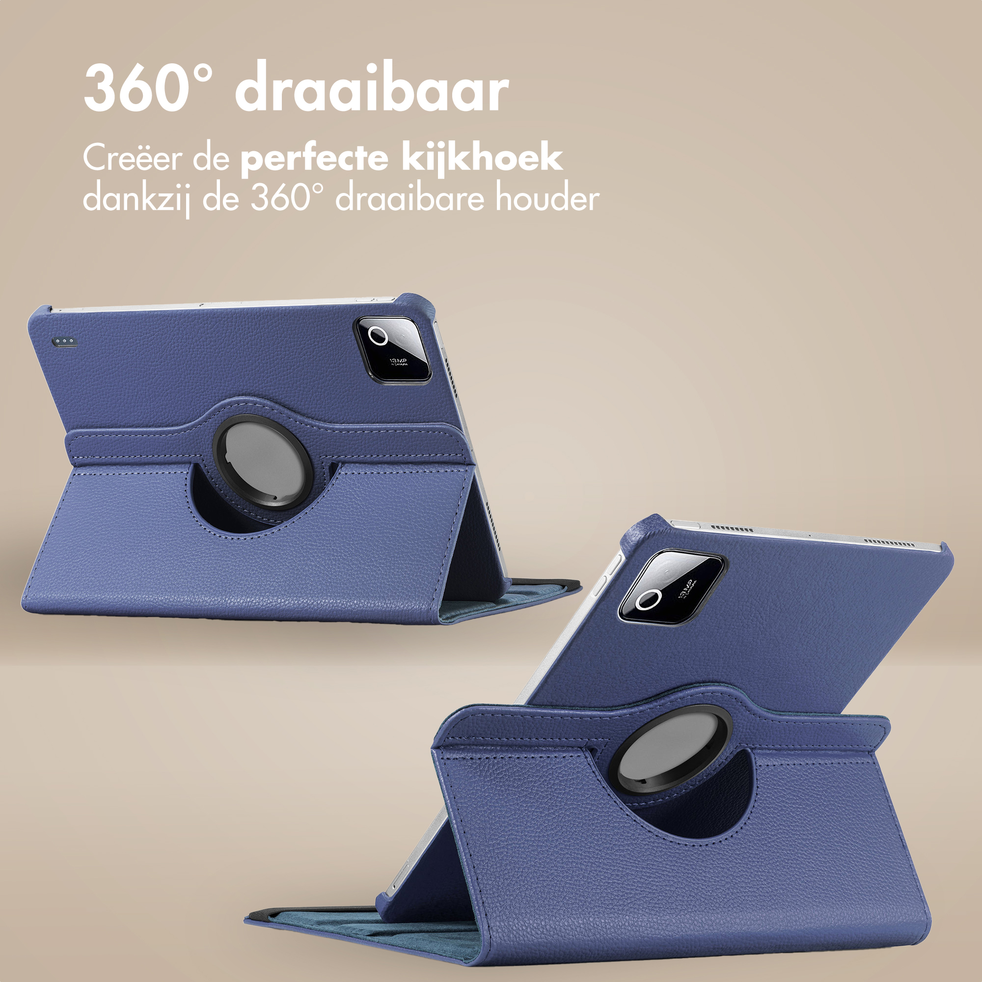 A blue tablet in a 360° rotating case, shown for content viewing.