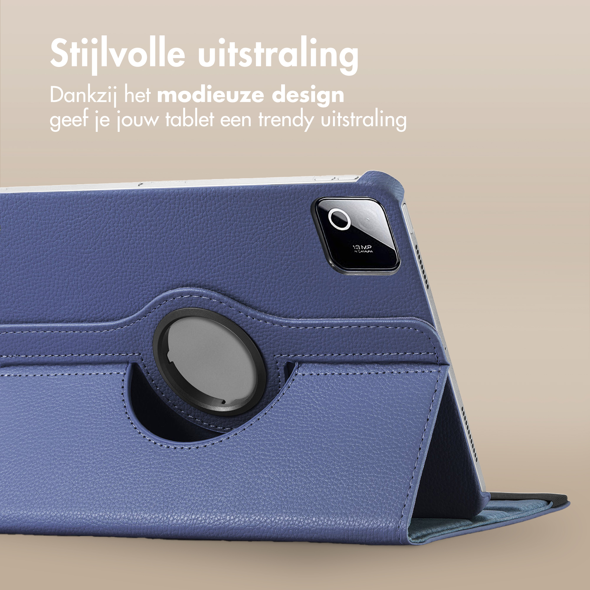 Blue tablet case with camera and text. Stylish design.