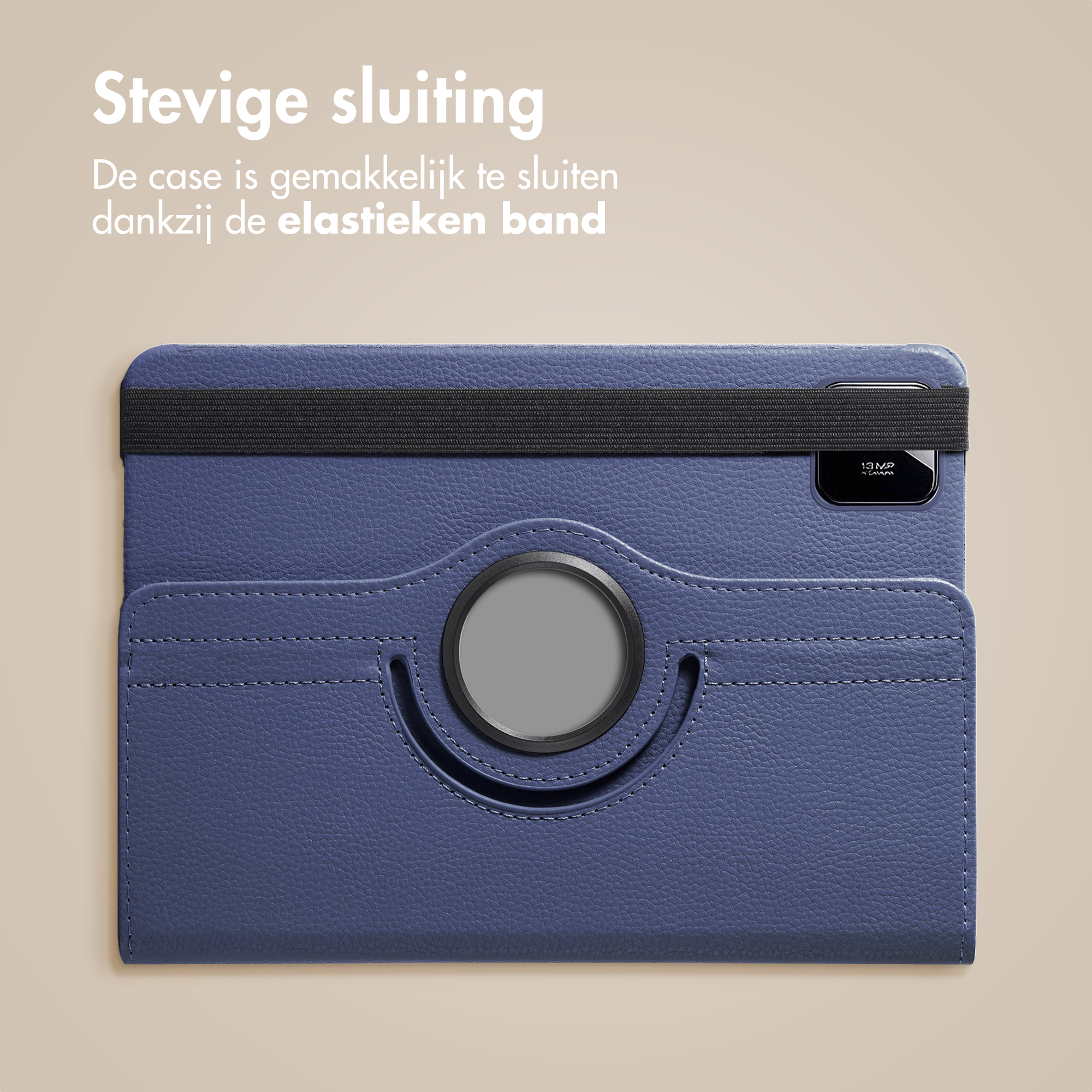 Dark blue tablet case with a black elastic band and integrated ring.
