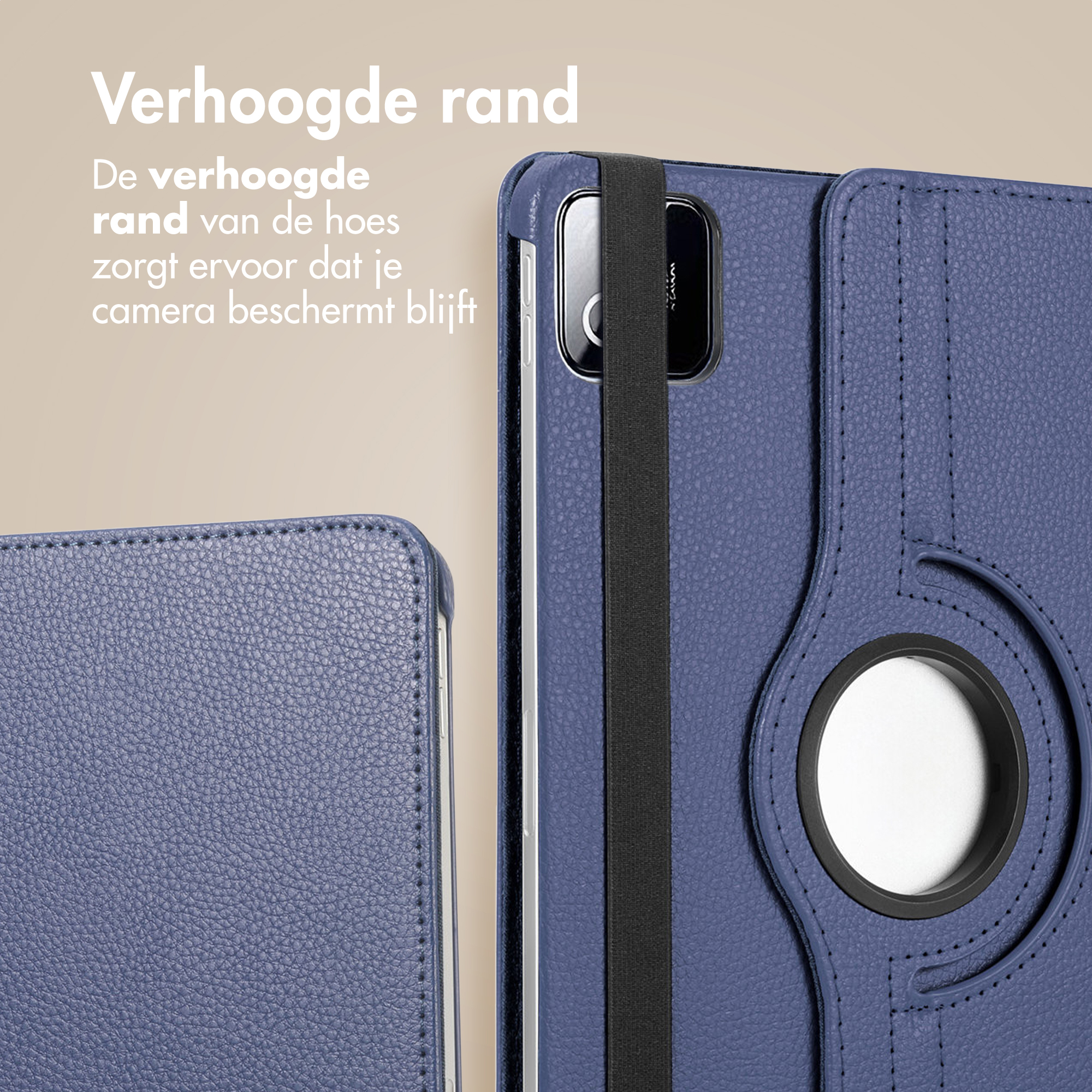 Blue case with raised edge protects the camera.