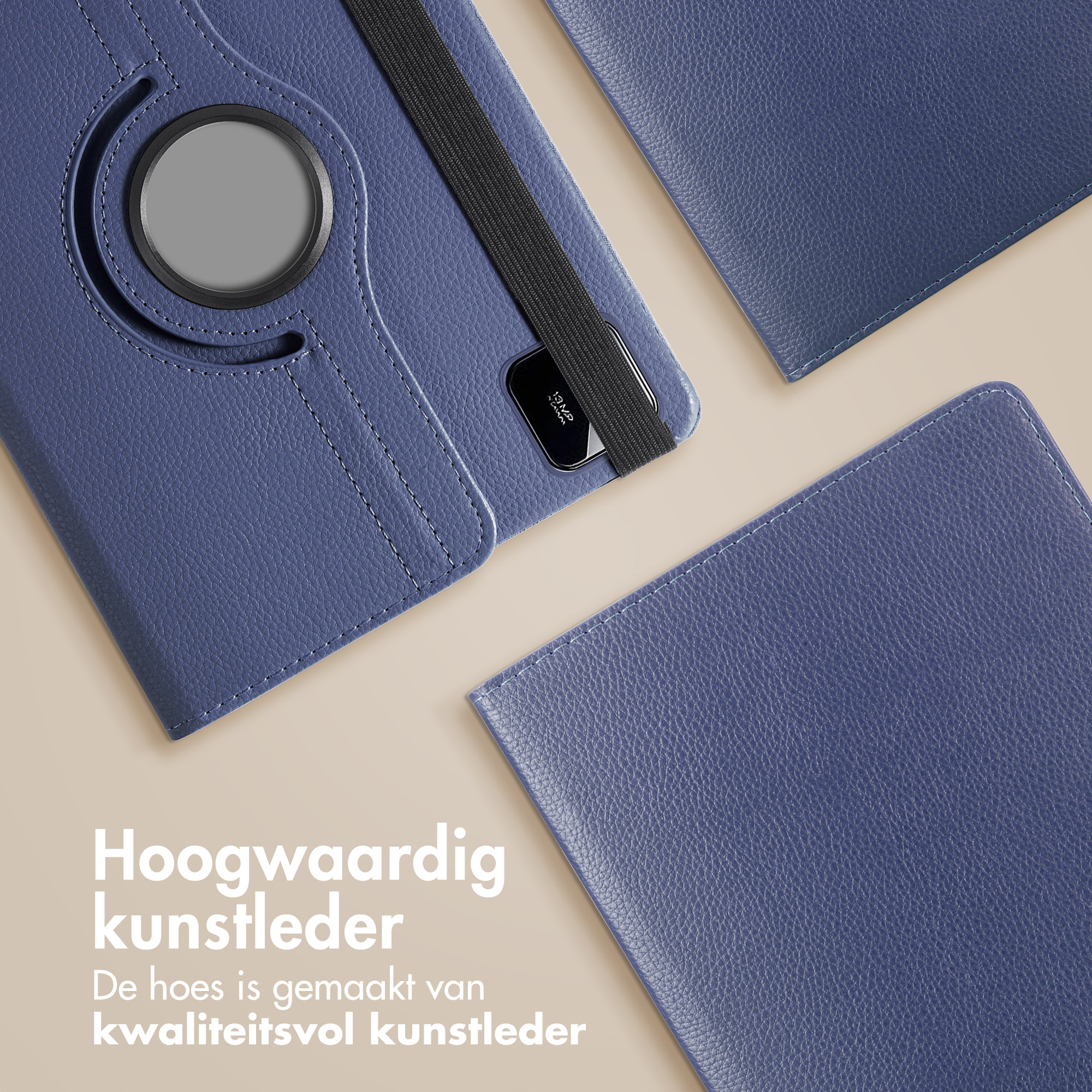 Three blue faux leather tablet cases, one with a camera protector and elastic strap.