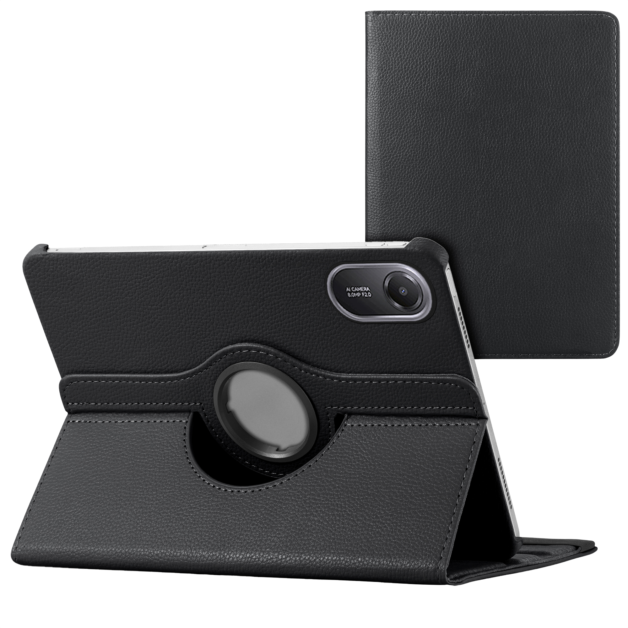 Tablette noire avec étui et poignée rotative, coutures blanches.
