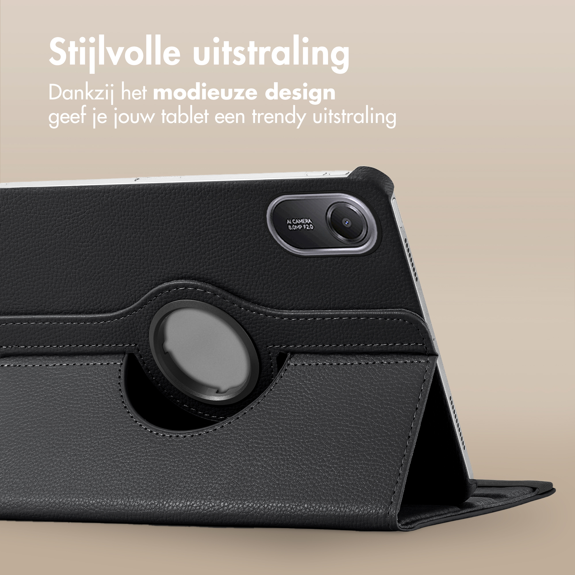 Tablette noire avec étui en cuir, appareil photo et texte.