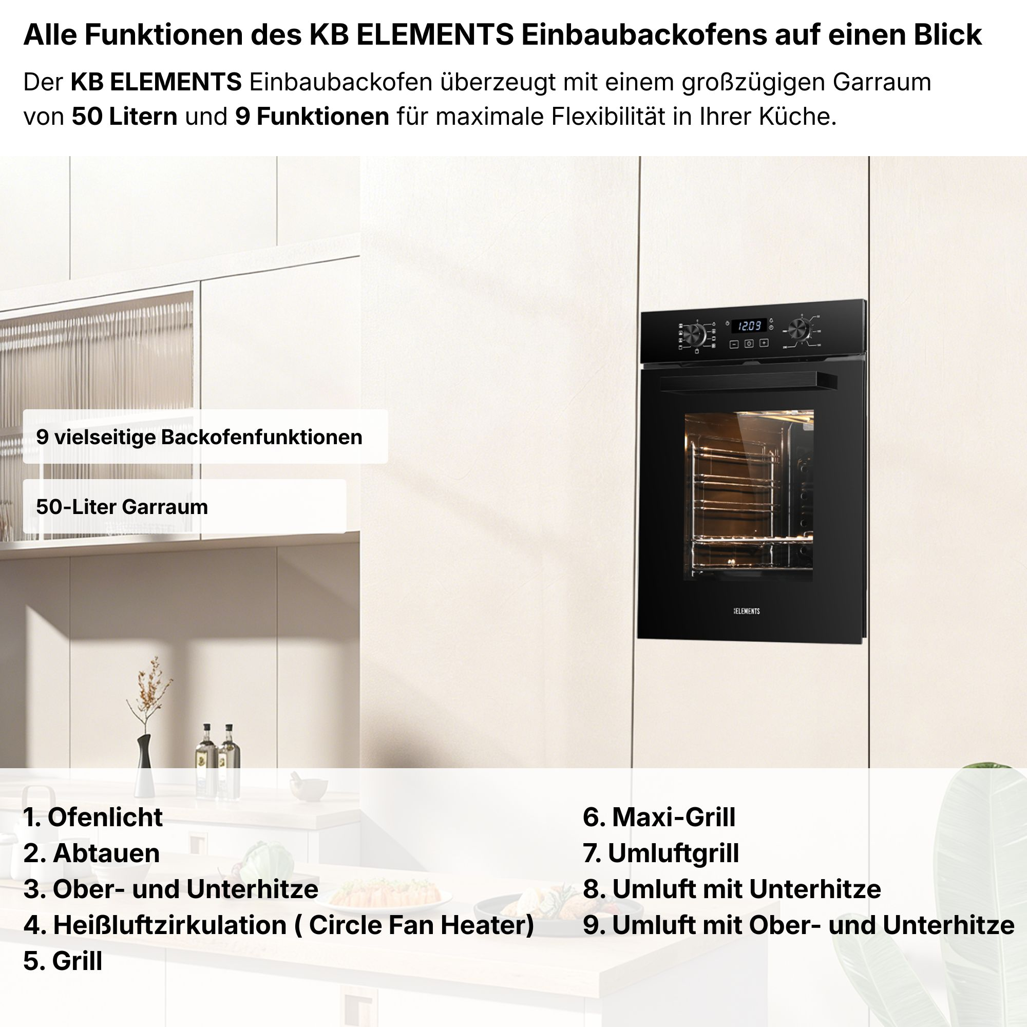 Schwarzer Einbaubackofen mit Display und 9 Funktionen, 50L Garraum.