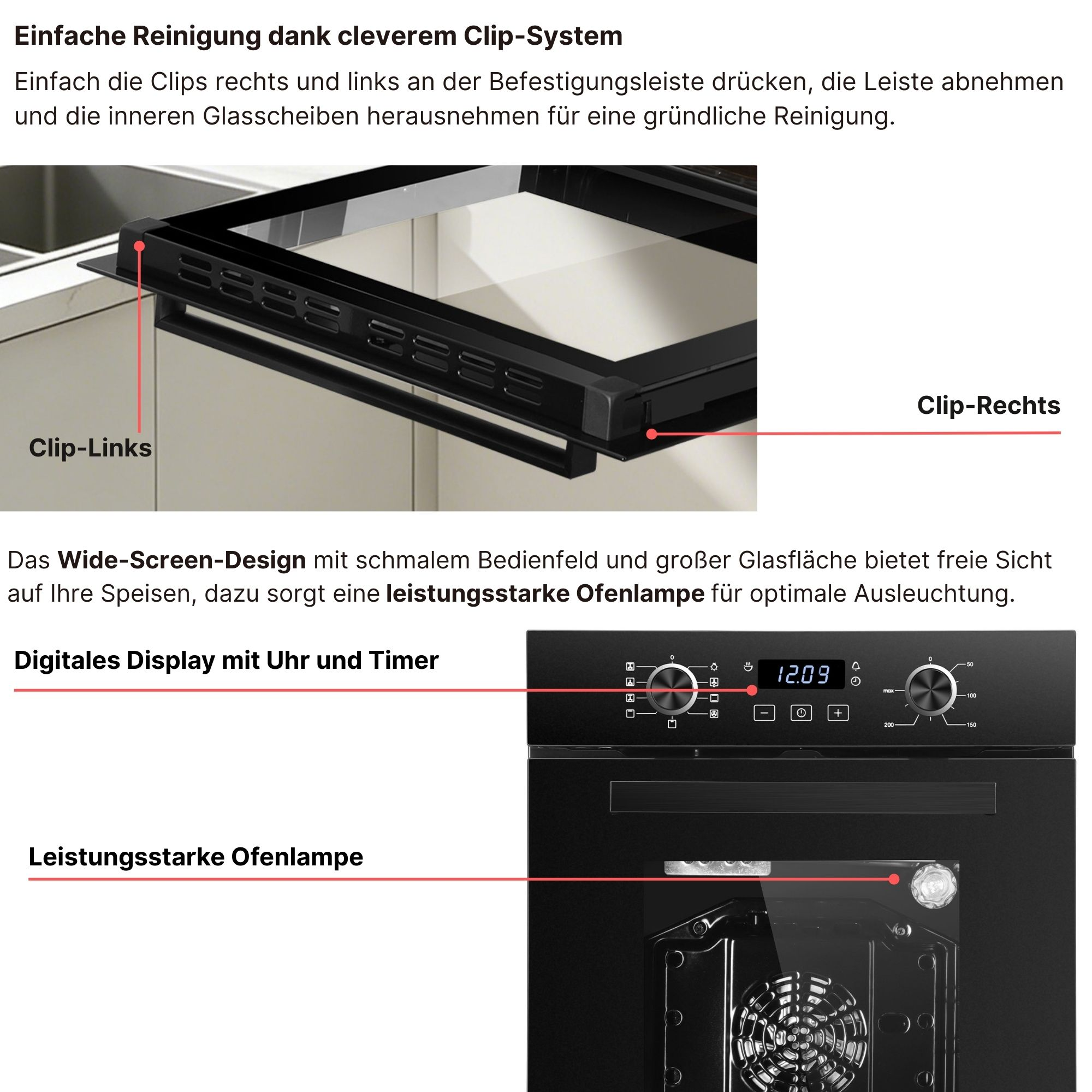 Ofentür mit Clip-System, Display und Lampe.