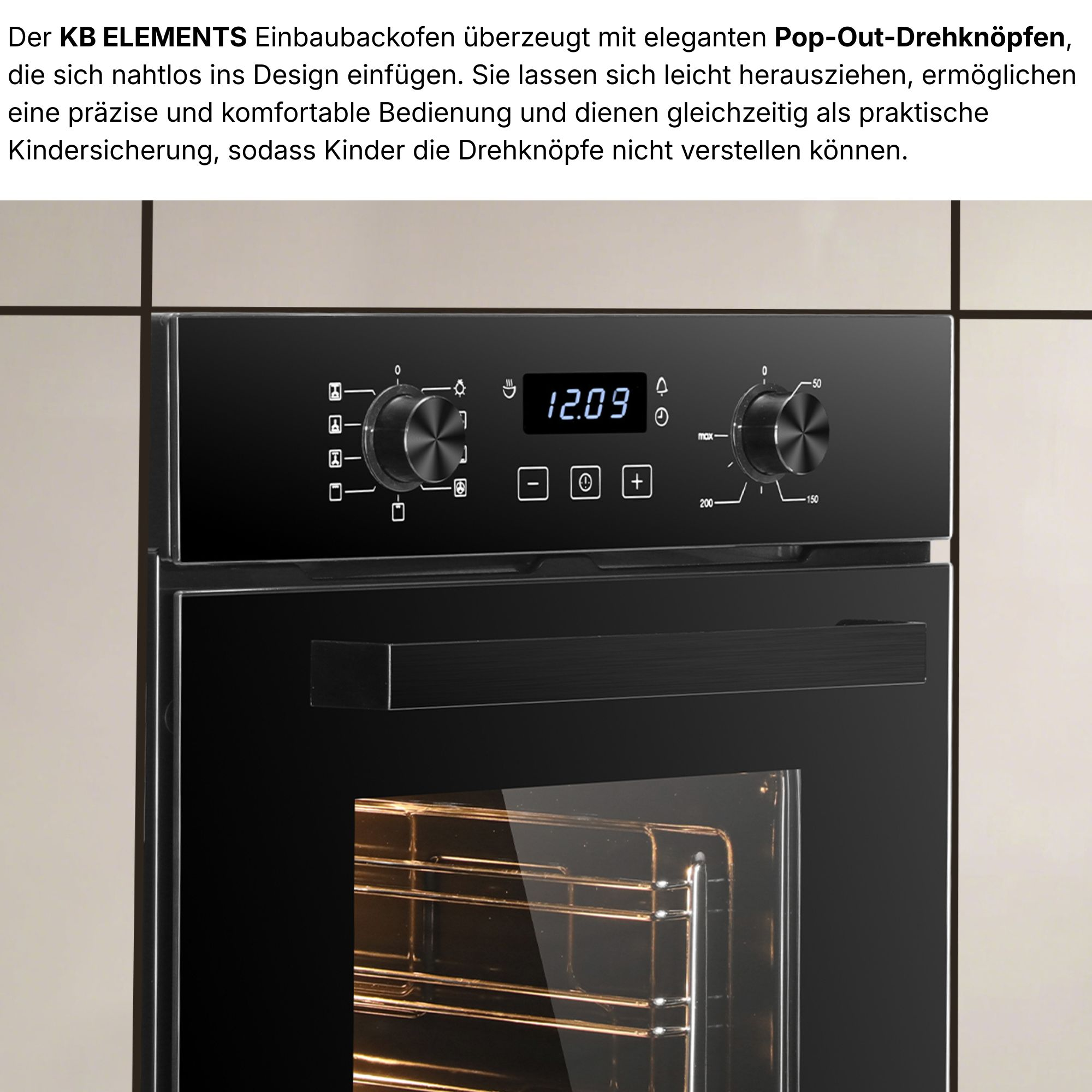 Einbauofen mit schwarzen Bedienknöpfen und digitaler Zeitanzeige.