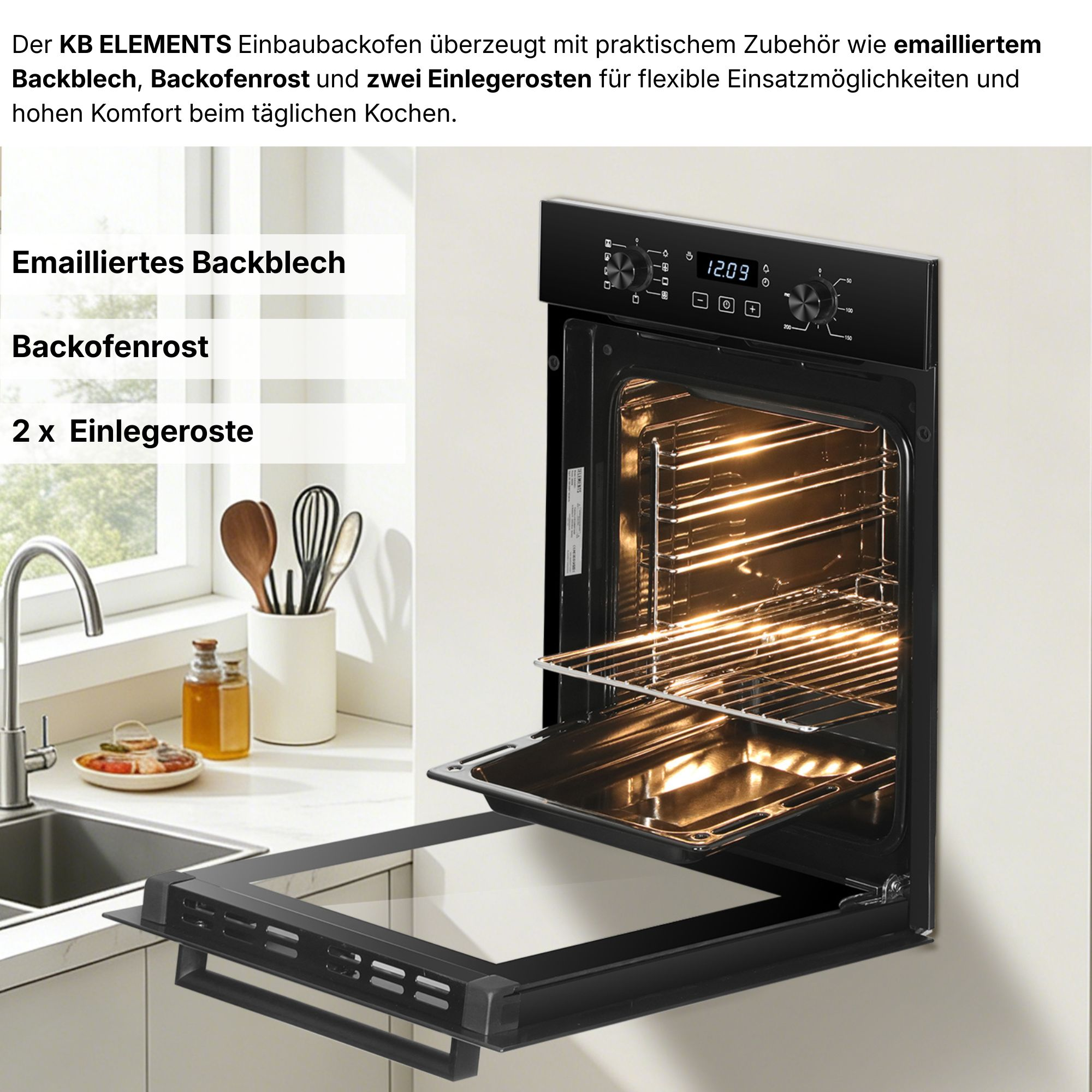 Einbaubackofen mit geöffneter Tür, beleuchtetem Innenraum und Zubehör.