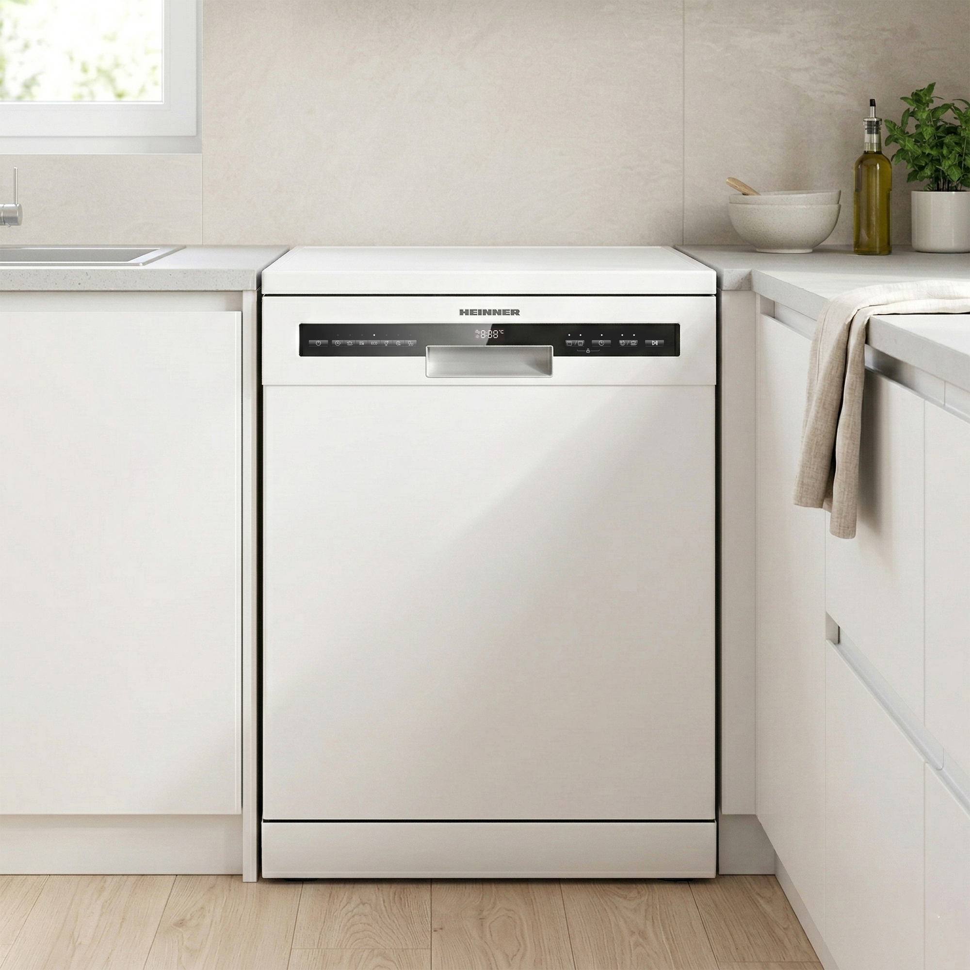 Een witte vaatwasser staat in een moderne keuken naast een gootsteen.