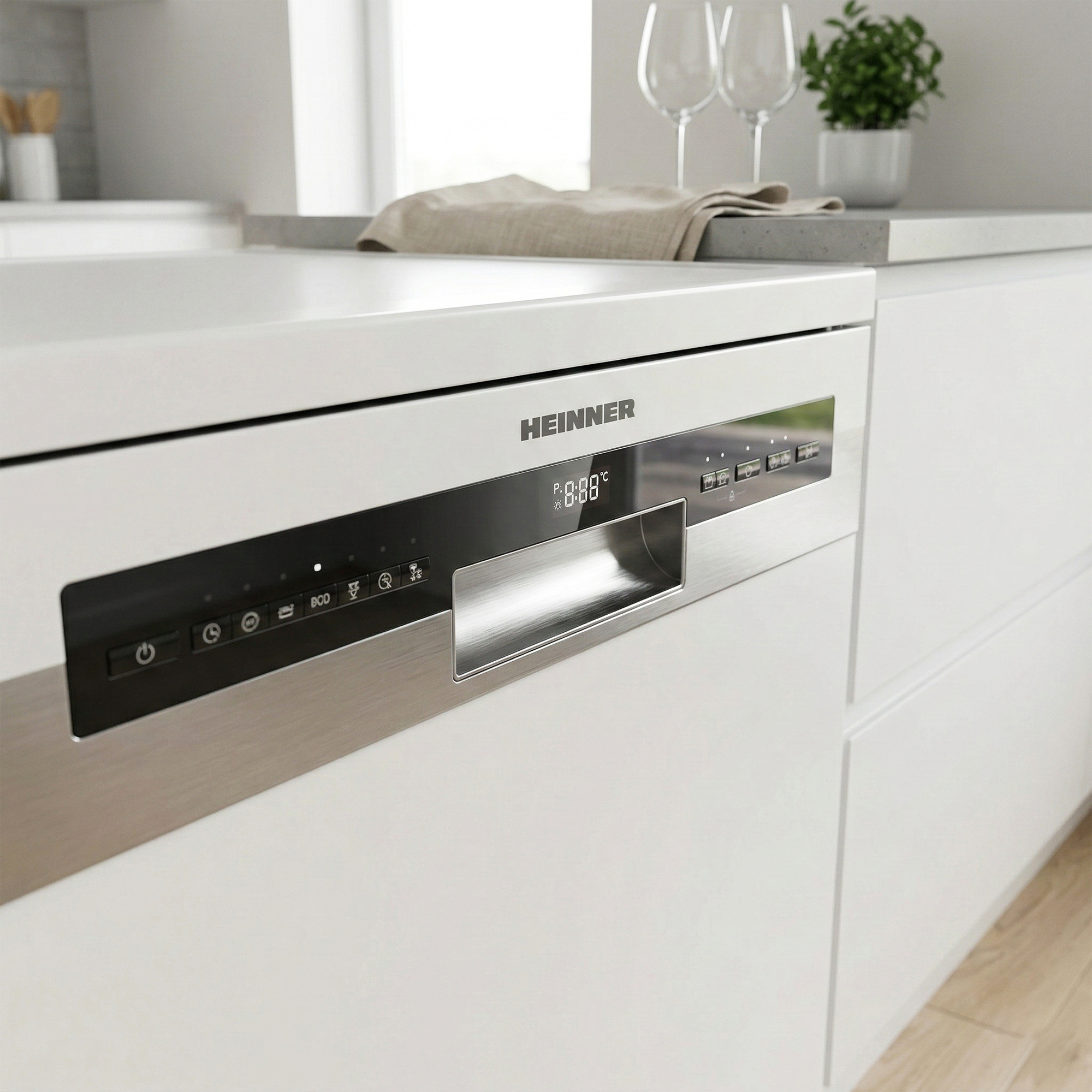 Een witte vaatwasser met digitaal display en bedieningspaneel, in een moderne keuken.
