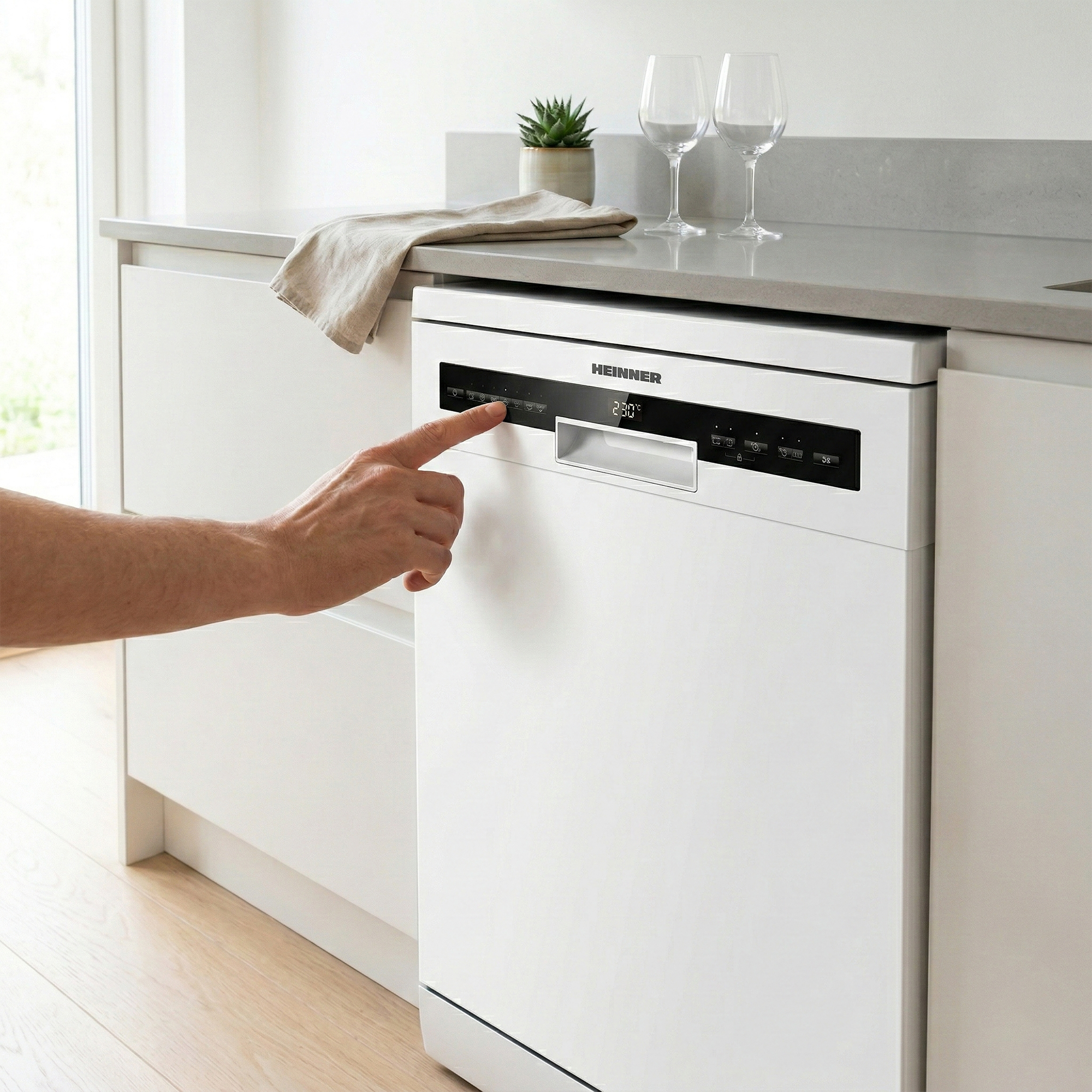 Een hand bedient een wit bedieningspaneel van een vaatwasser met knoppen en digitaal display.