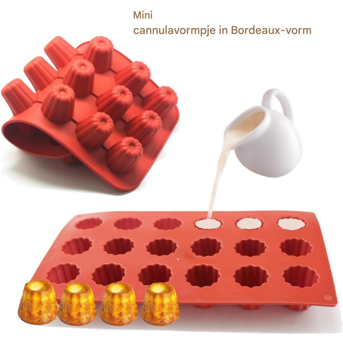 Rote Silikonform mit Canelé-Formen. Sahne wird in eine Form gegossen.