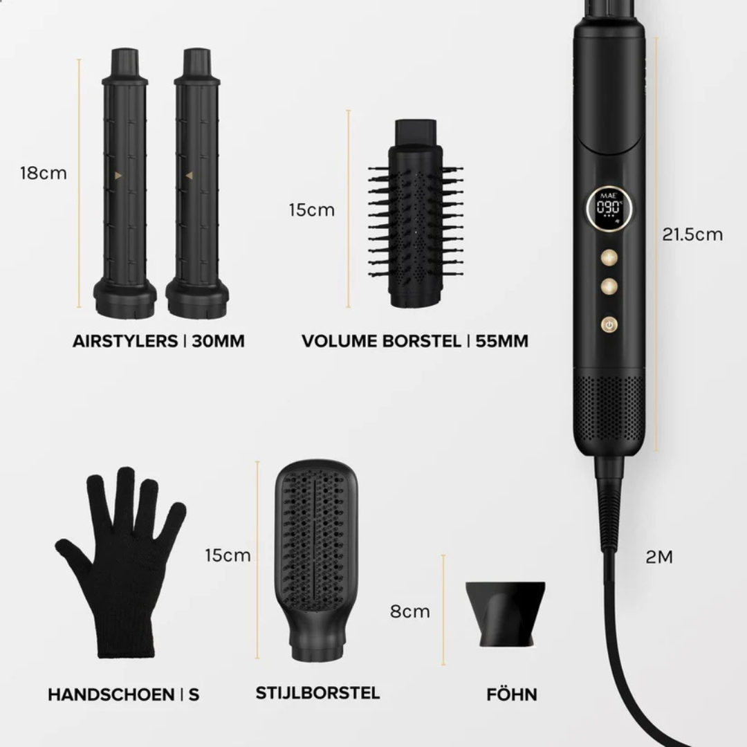 Black hair dryer set with various attachments and size measurements.