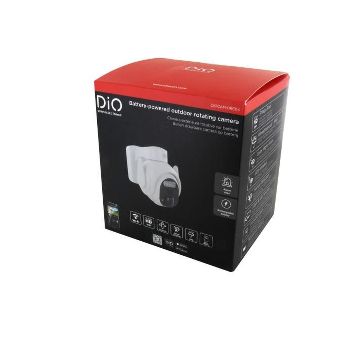 Verpackung einer batteriebetriebenen, schwenkbaren Outdoor-Kamera mit Produktbild und Icons.