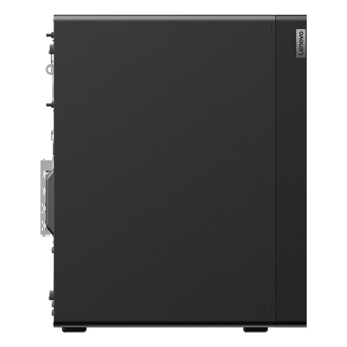 Czarna obudowa komputera stacjonarnego Lenovo, widok z boku z widocznymi portami.