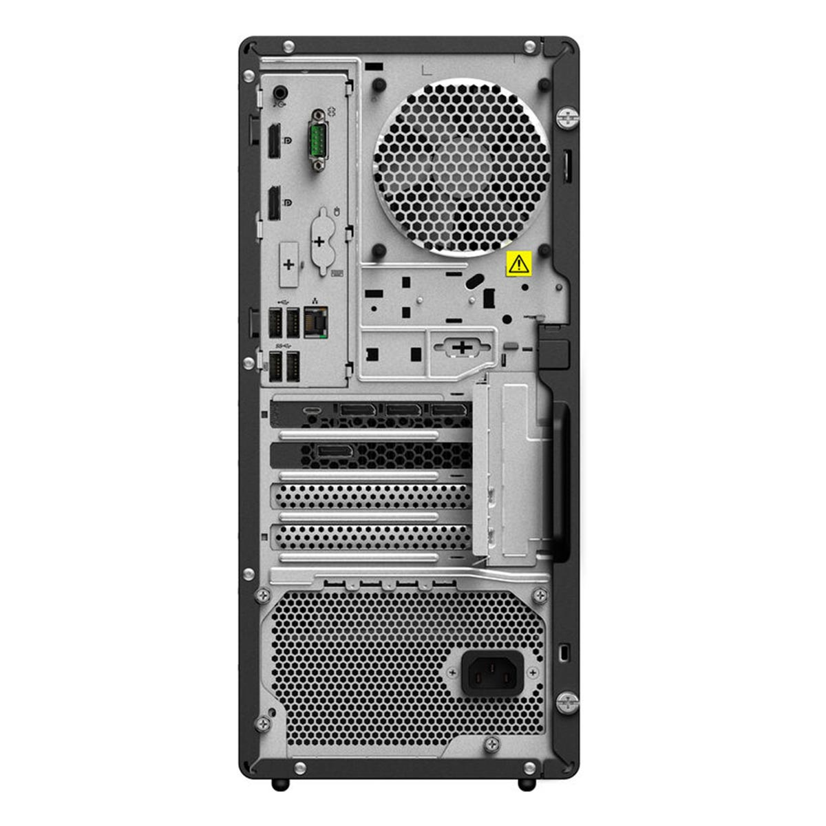 Tył czarnego komputera z wentylatorami i portami.