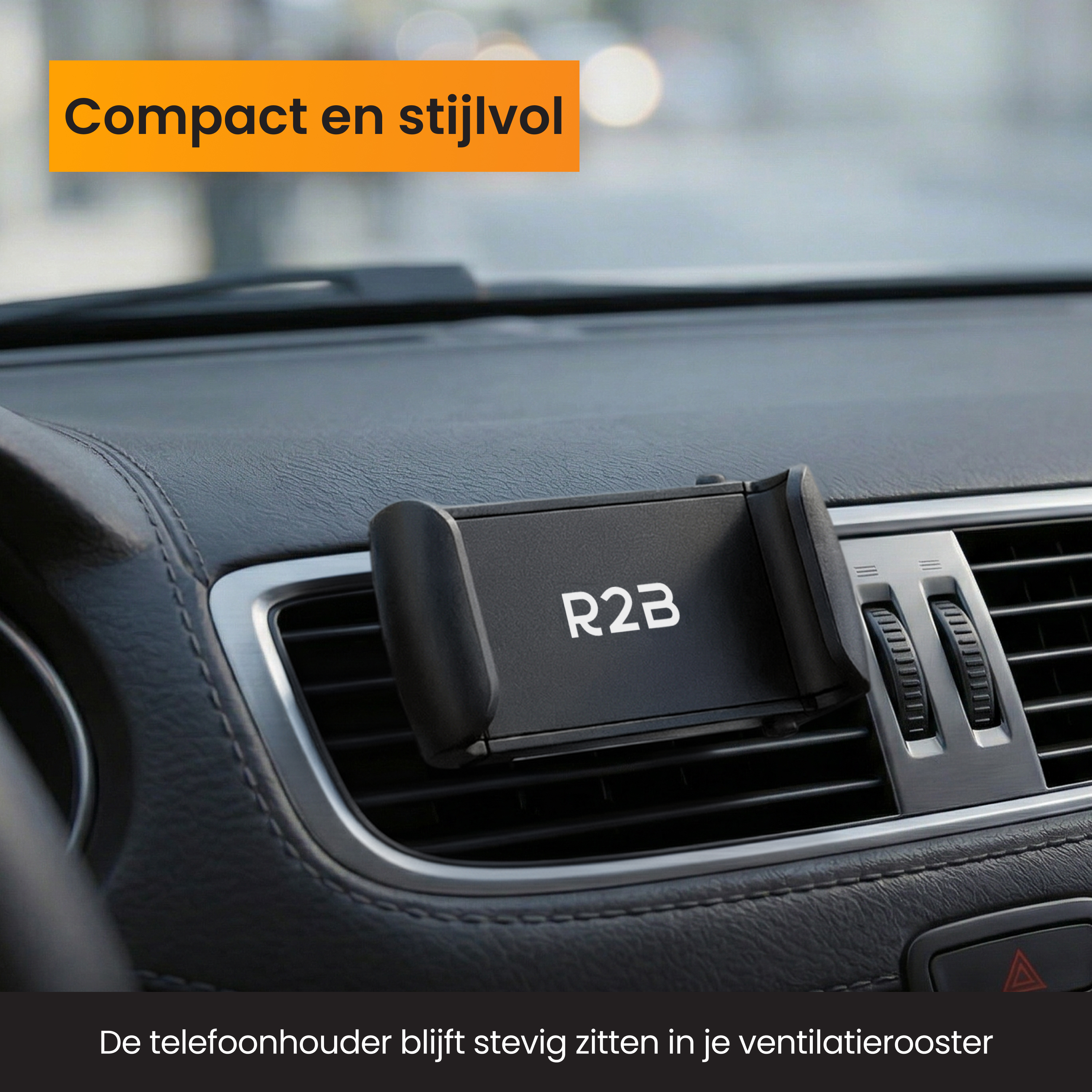 Een zwarte telefoonhouder met R2B logo is aan een ventilatierooster bevestigd.