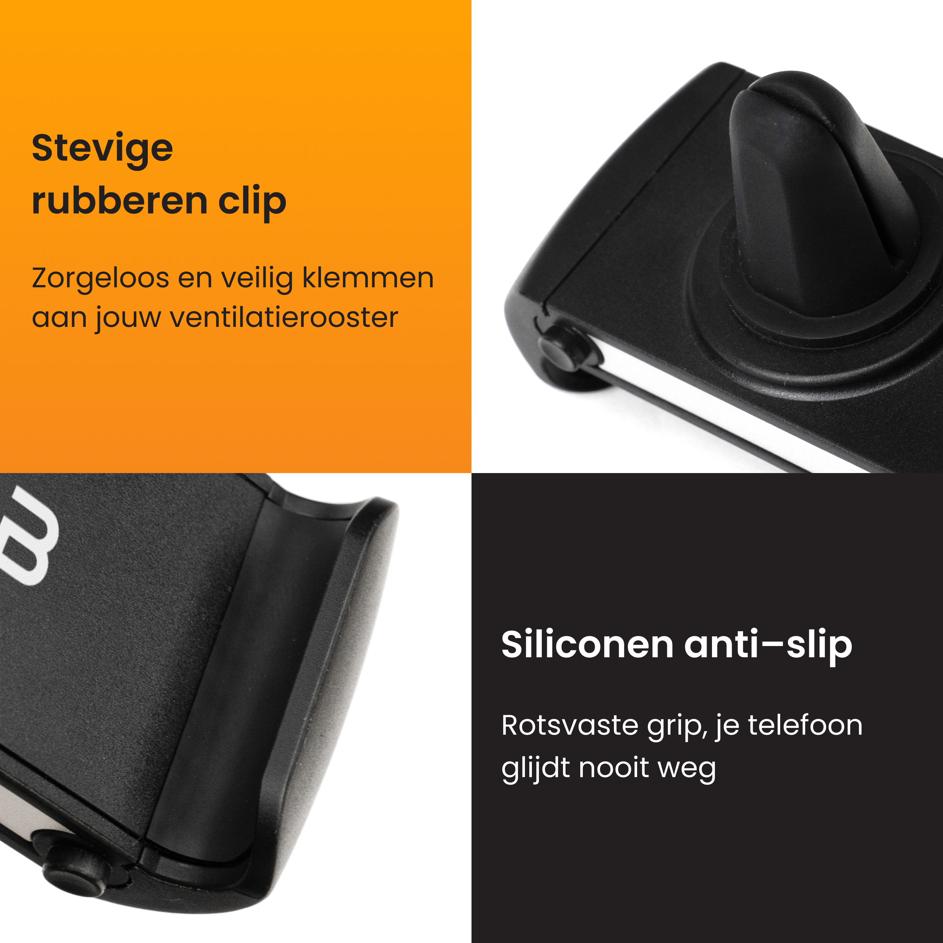 Zwarte telefoonhouder met stevige rubberen clip en siliconen anti-slip grip.