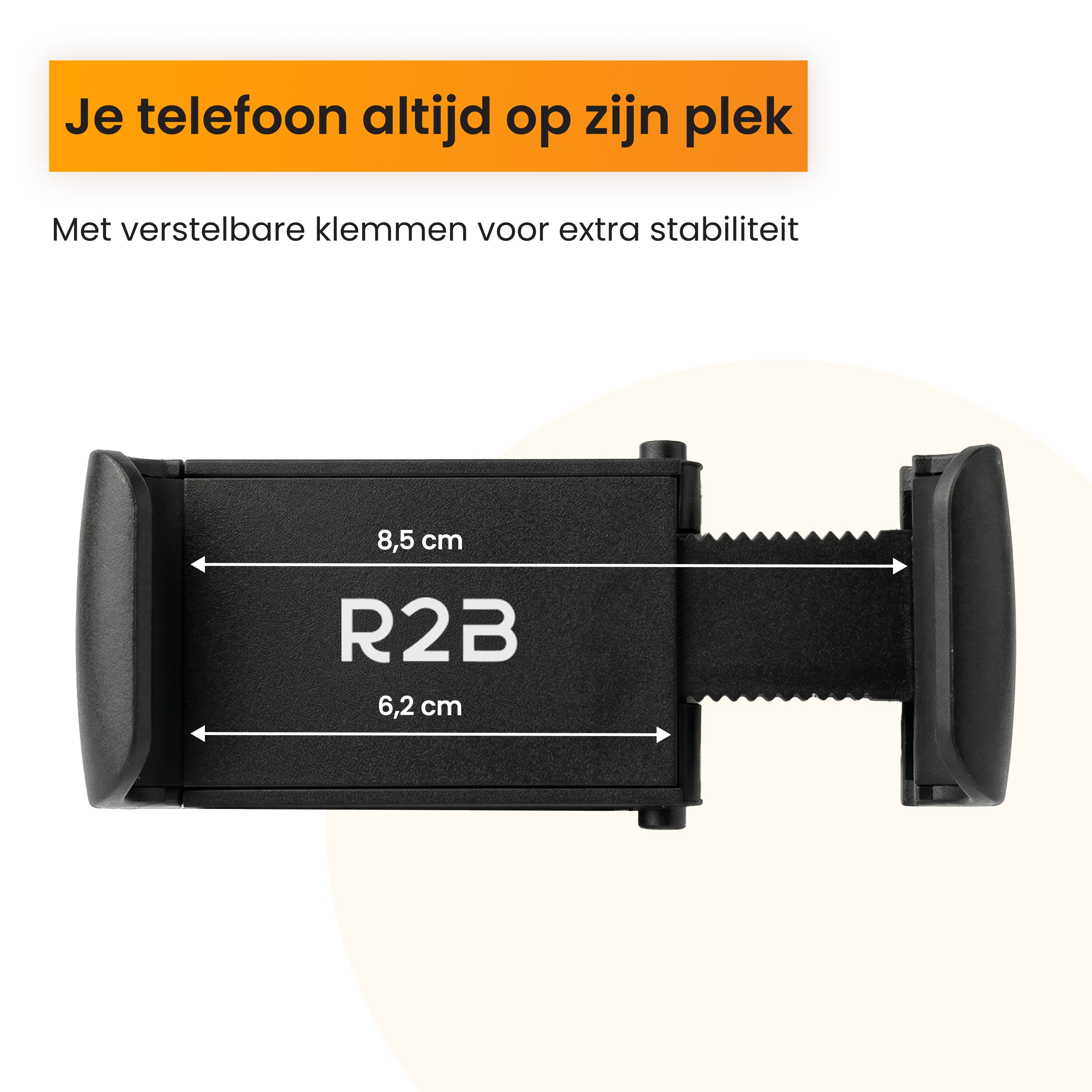 Zwarte telefoonhouder met afmetingen 8,5 cm en 6,2 cm.