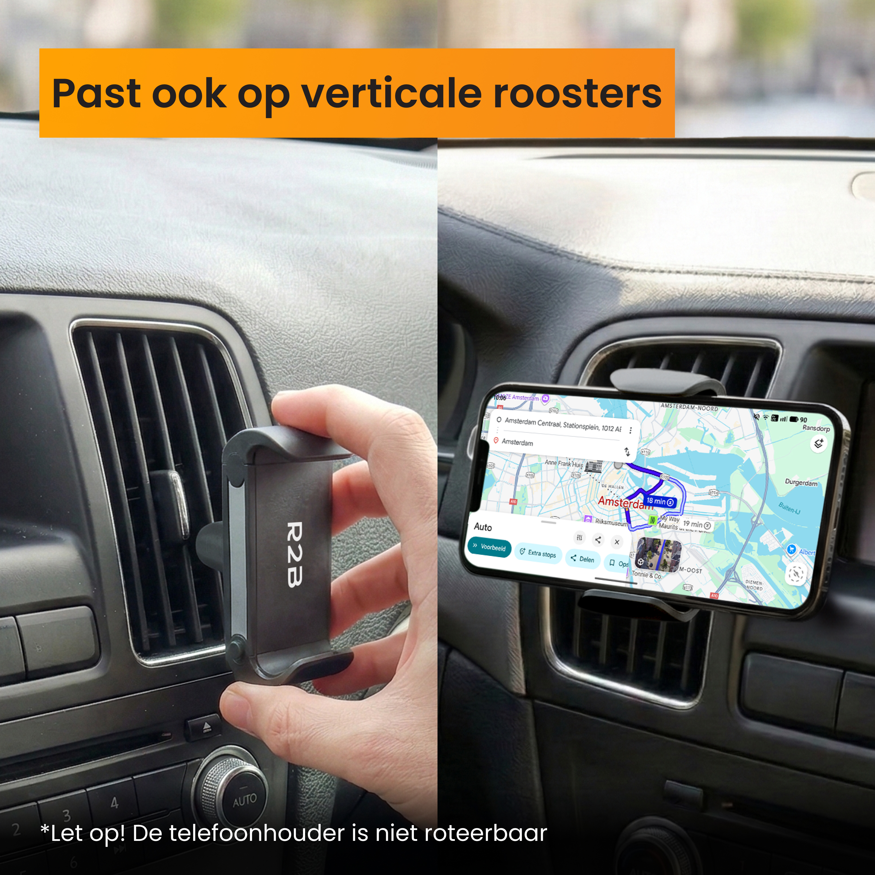 Een hand bevestigt een telefoonhouder aan een verticale ventilatieopening.