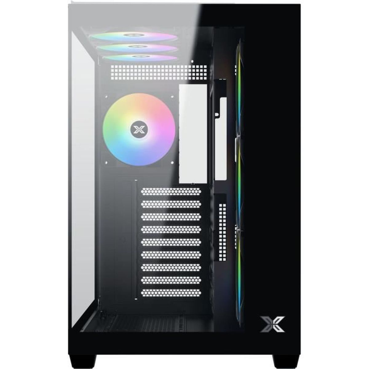 Un case per PC nero con frontale in vetro e ventole RGB.