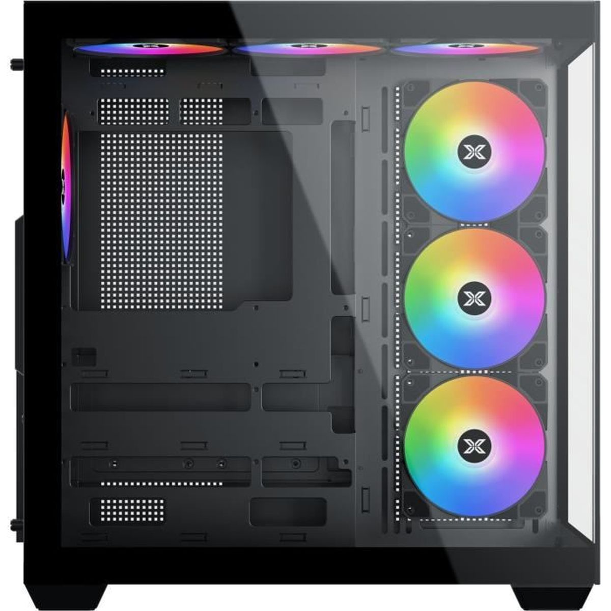 Un case per PC nero con tre ventole RGB colorate sul lato destro.
