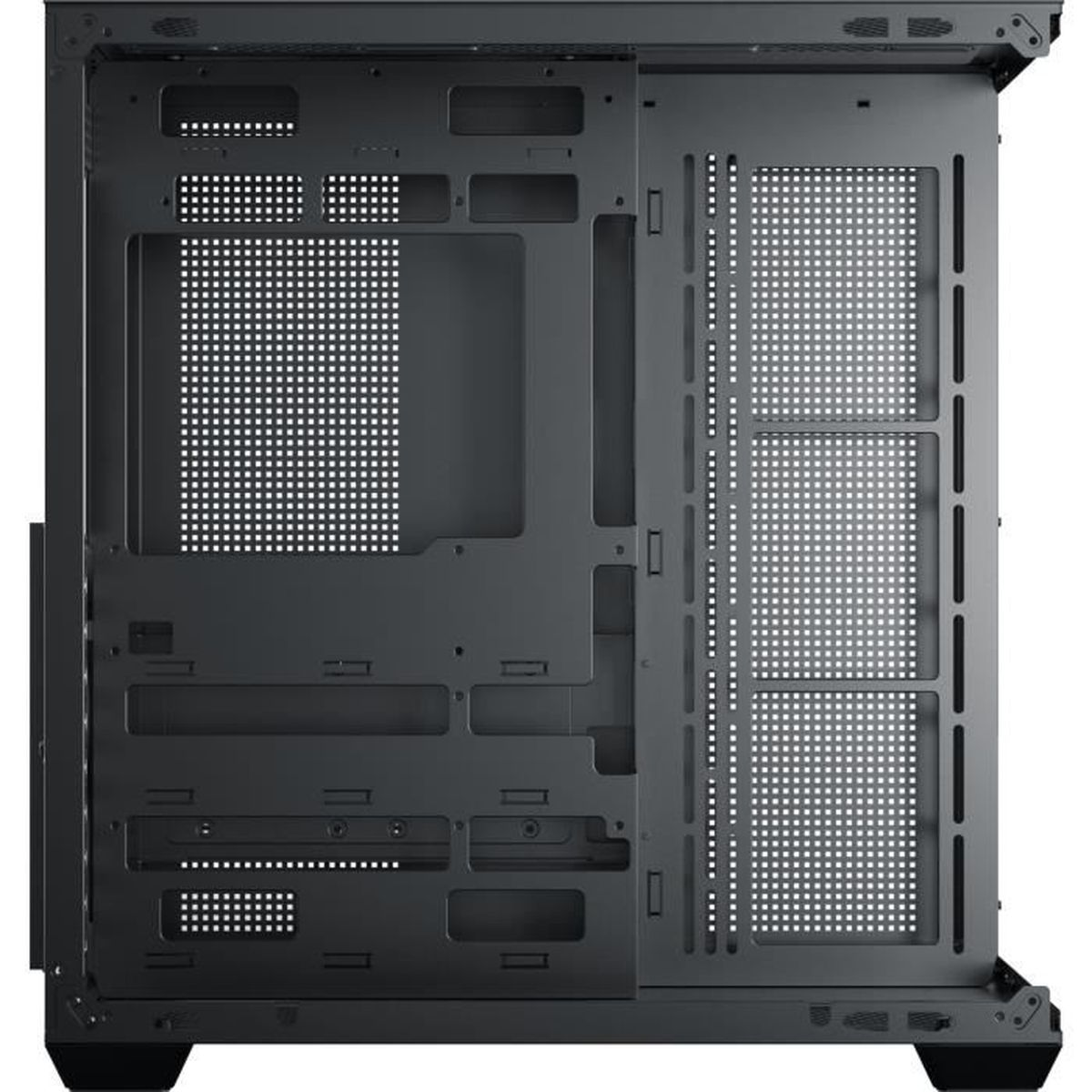 Case del computer verniciato nero con pannelli perforati e ritagli di montaggio.