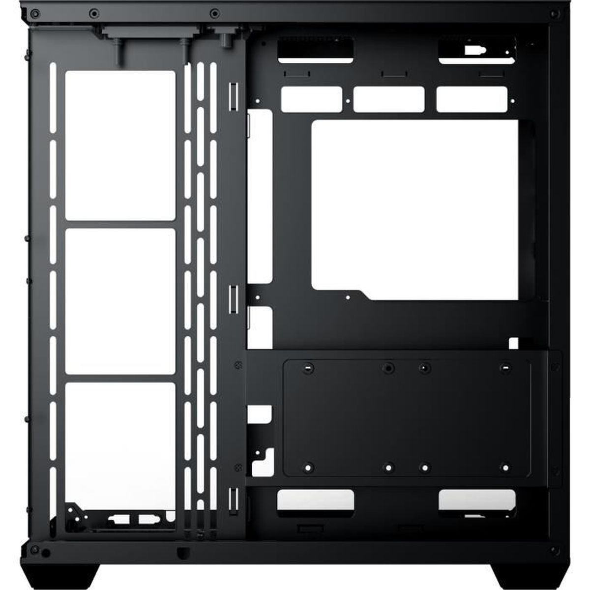 Un case per computer nero con pannello laterale aperto, che rivela punti di montaggio interni.