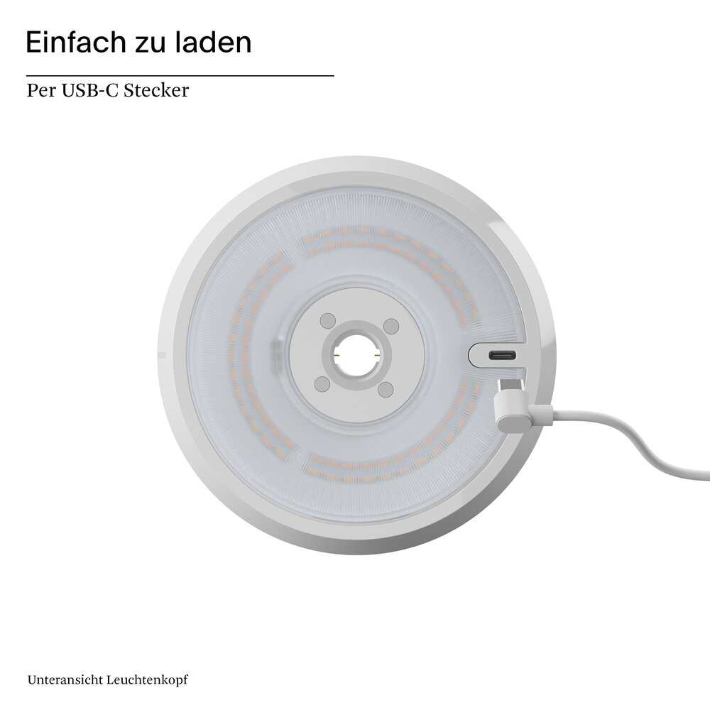 Runder weißer Leuchtenkopf mit USB-C-Anschluss und Kabel.