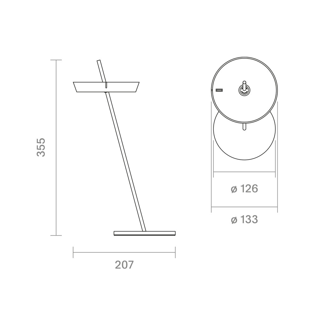 Technische Zeichnung einer Schreibtischlampe. Abmessungen: Höhe 355, Breite 207.