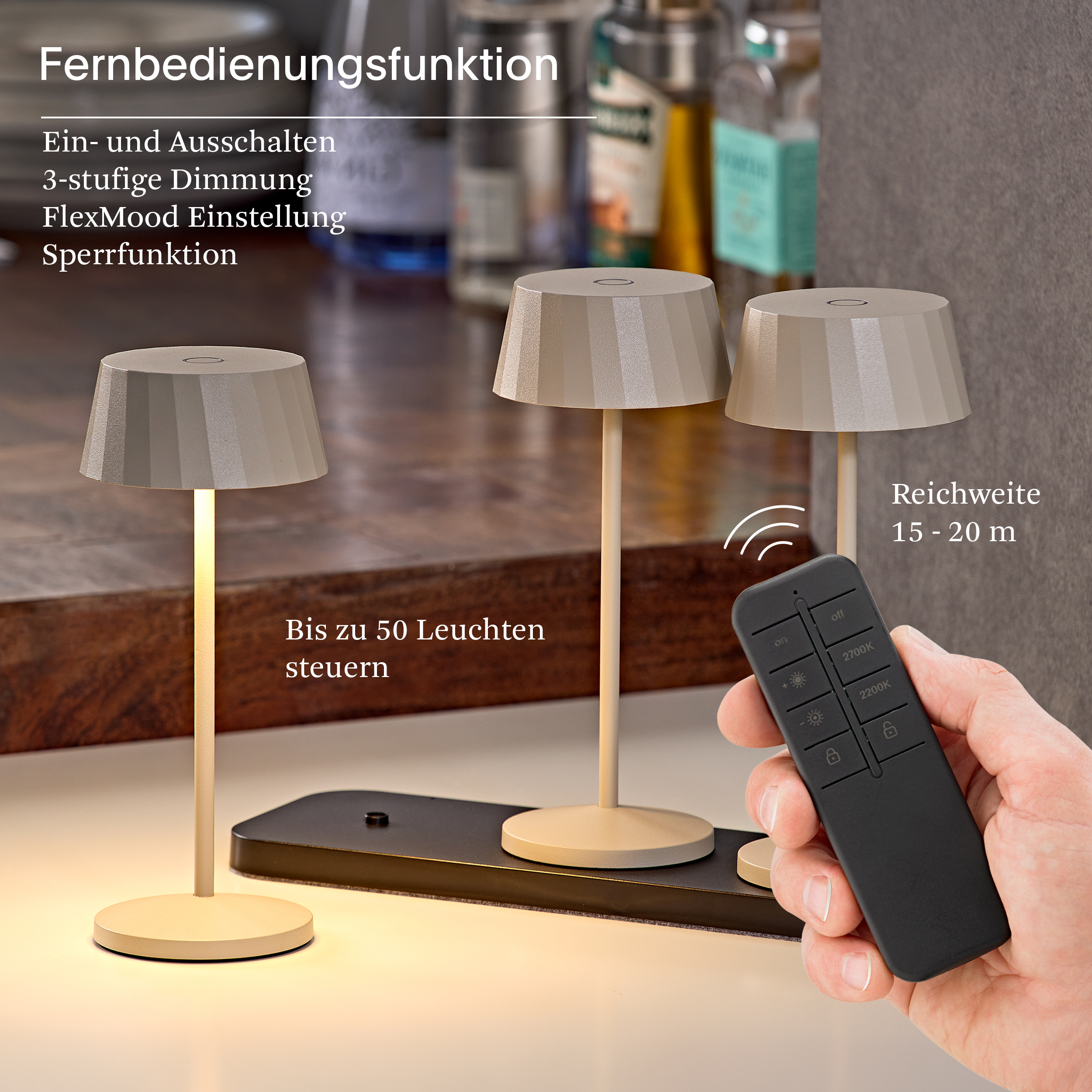 Drei Tischlampen mit Fernbedienung. Reichweite 15-20m, steuert bis zu 50 Leuchten.