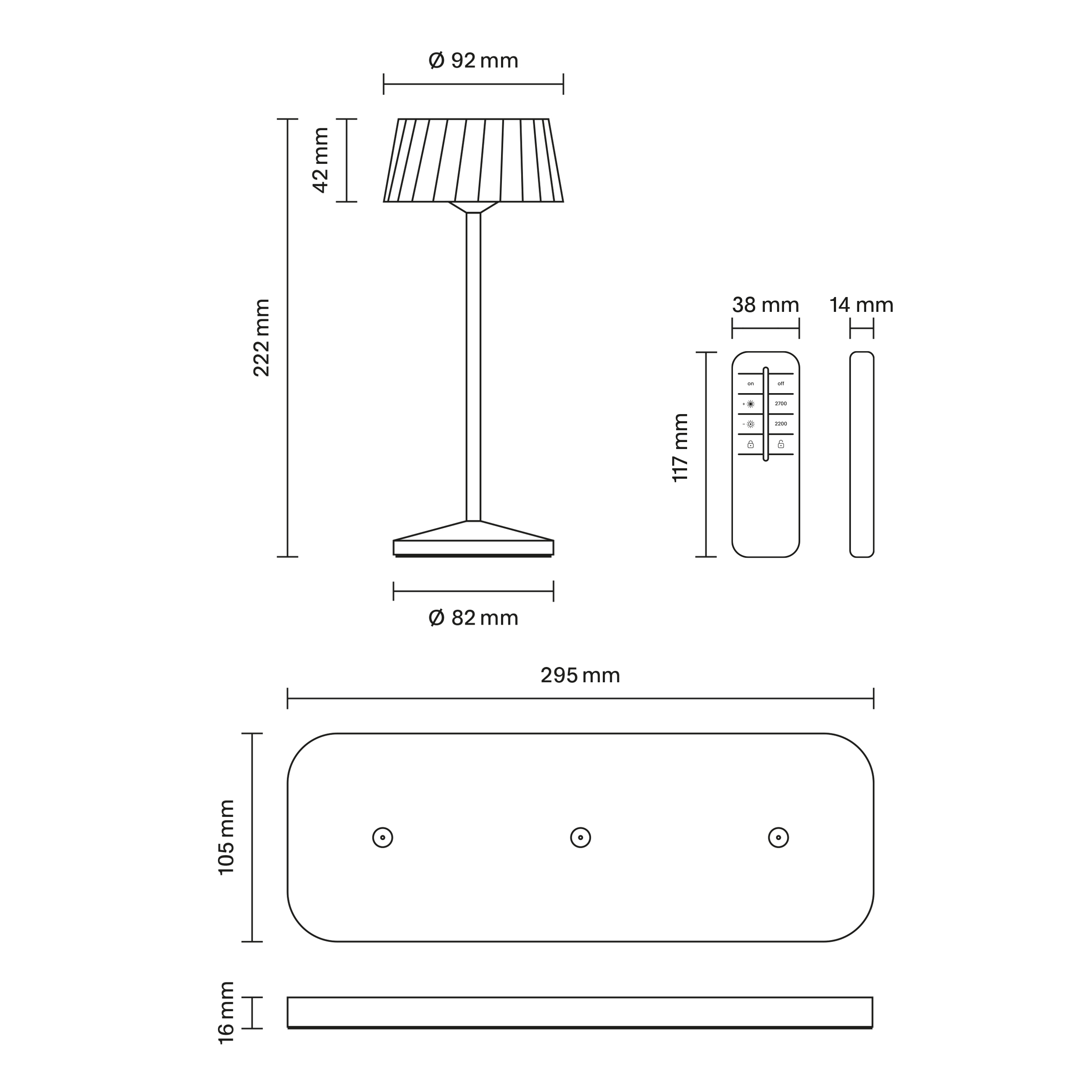 Technische Zeichnung einer Lampe mit Fernbedienung und Maßen.